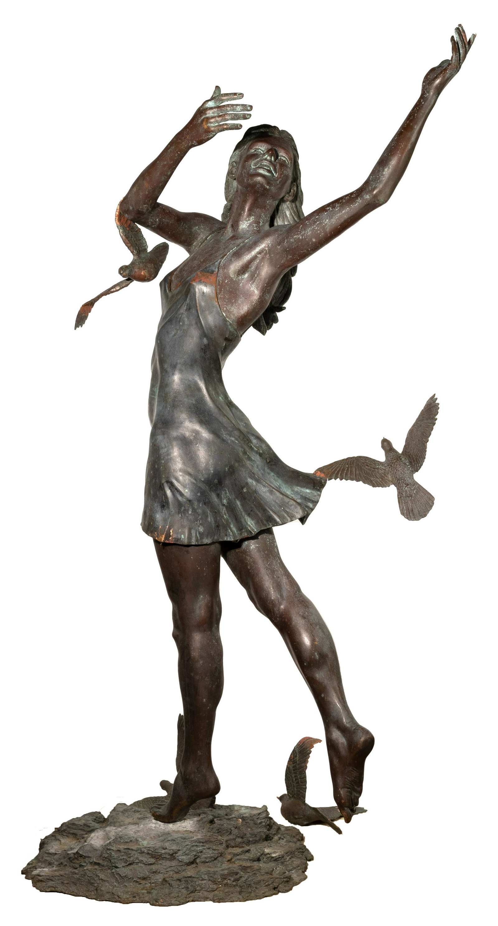 Richard Hallier (American, 1944-2010) 'Girl With Doves' Bronze Sculpture: Richard Hallier (American, 1944-2010) 'Girl With Doves' Bronze Sculpture Dated '95, signed and numbered 'R. Hallier 1/50' patinated cast bronze, 2-piece sculpture of a young woman wearing a slip dress