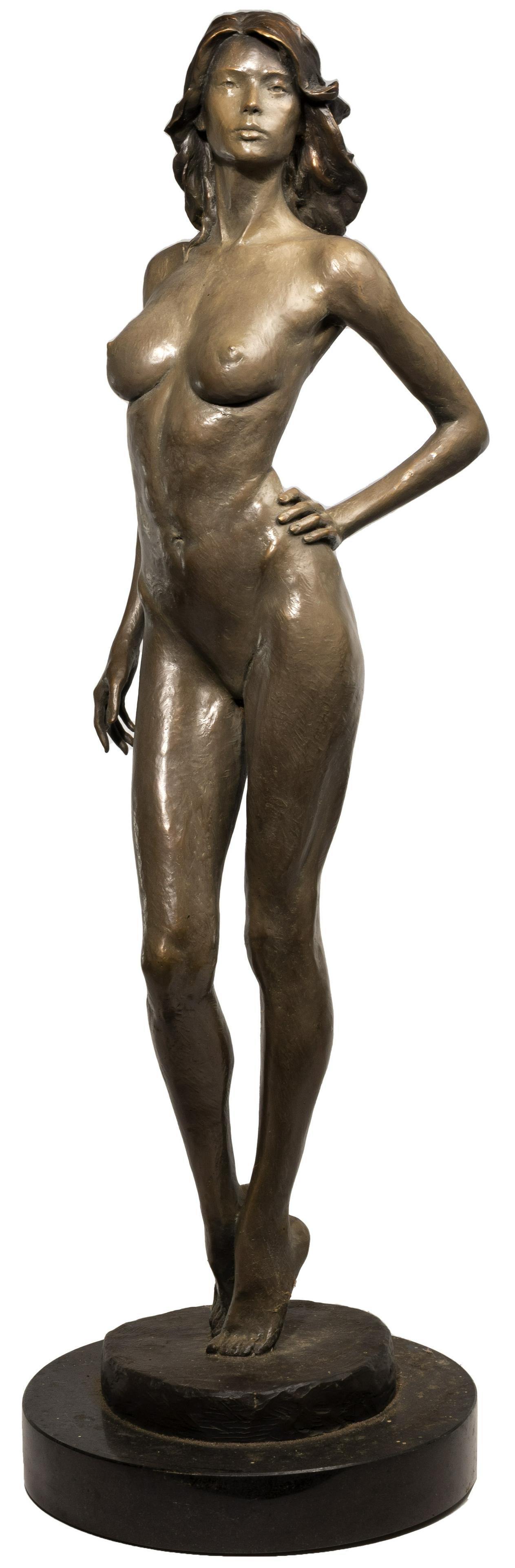 Victor Issa (American, b.1954) 'Gazelle' Bronze Sculpture: Victor Issa (American, b.1954) 'Gazelle' Bronze Sculpture 2007, signed and dated on back of base, #4/12, depicting nude female figure standing; on a slightly beveled circular stone plinth fitted with 