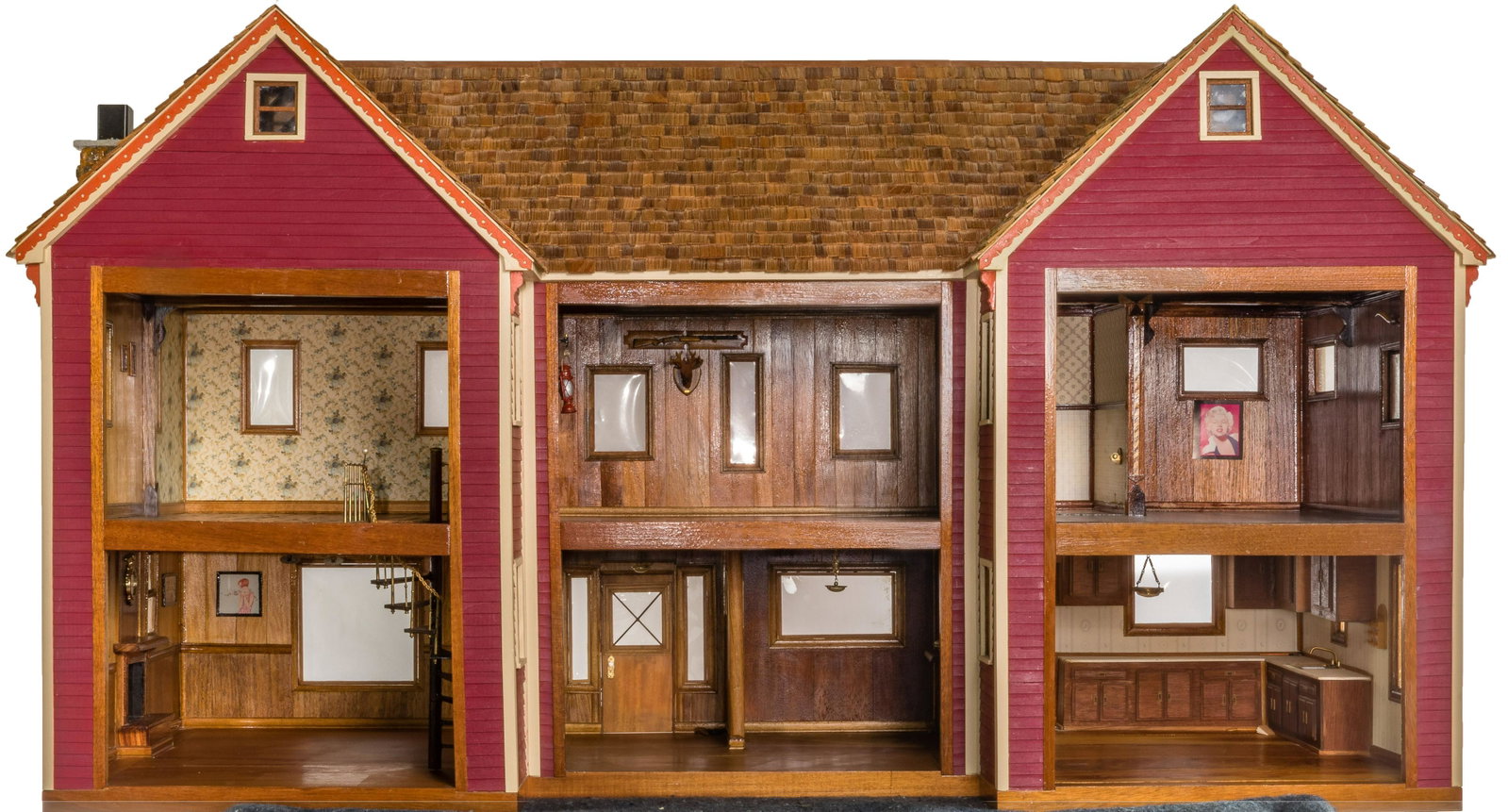Hand Made Doll House: Hand Made Doll House Having teak, maple and oak flooring, spiral staircase, wall paper; (5) rooms, front hallway and bathroom, furnishings; shingled and sided exterior with stone chimney Property from