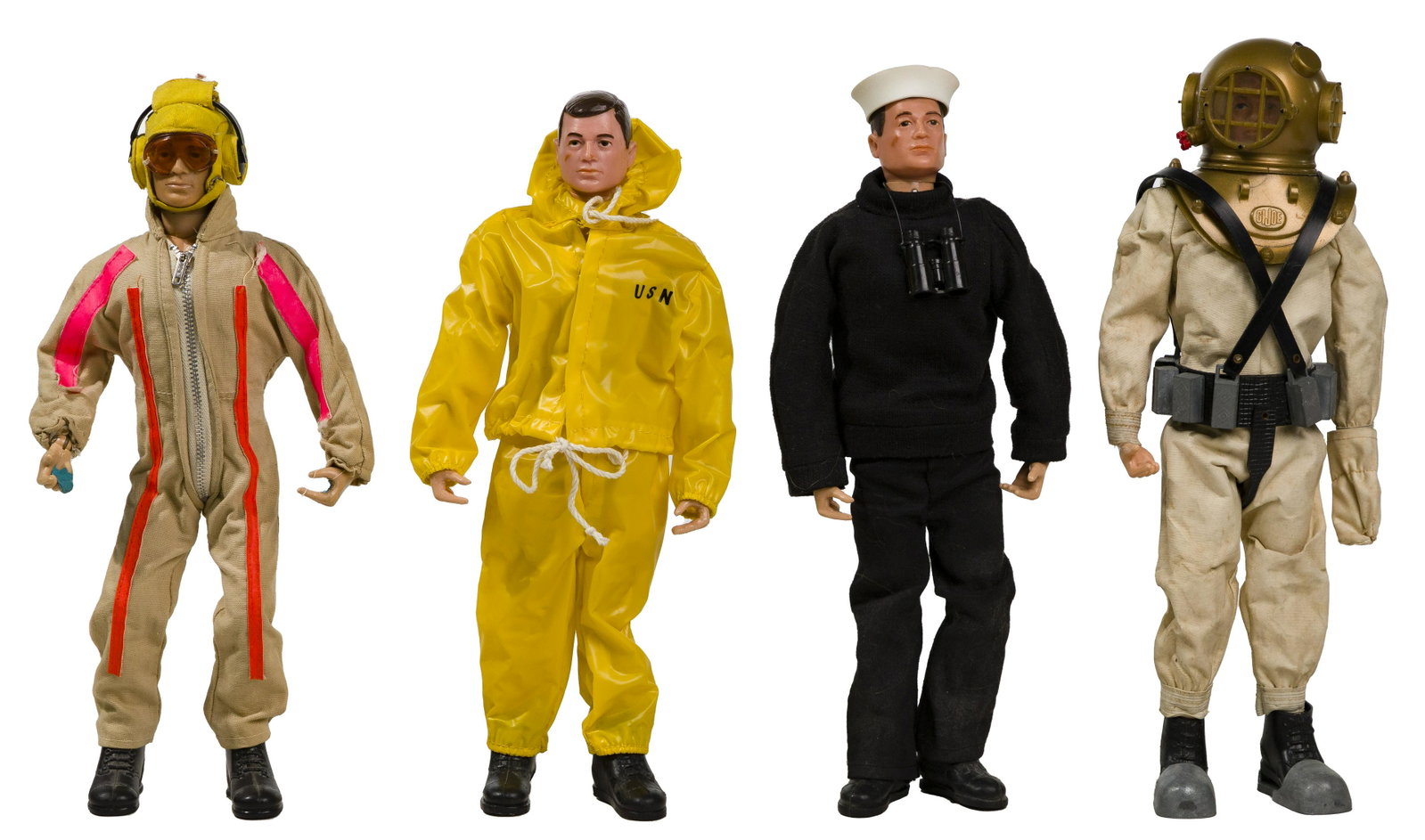 1964 Hasbro GI Joe Action Figure and Accessory Assortment: 1964 Hasbro GI Joe Action Figure and Accessory Assortment (4) figures dated 1964 including a Deep Sea Diver, French Resistance, pilot and United States Navy; all having attached clothes and some acces
