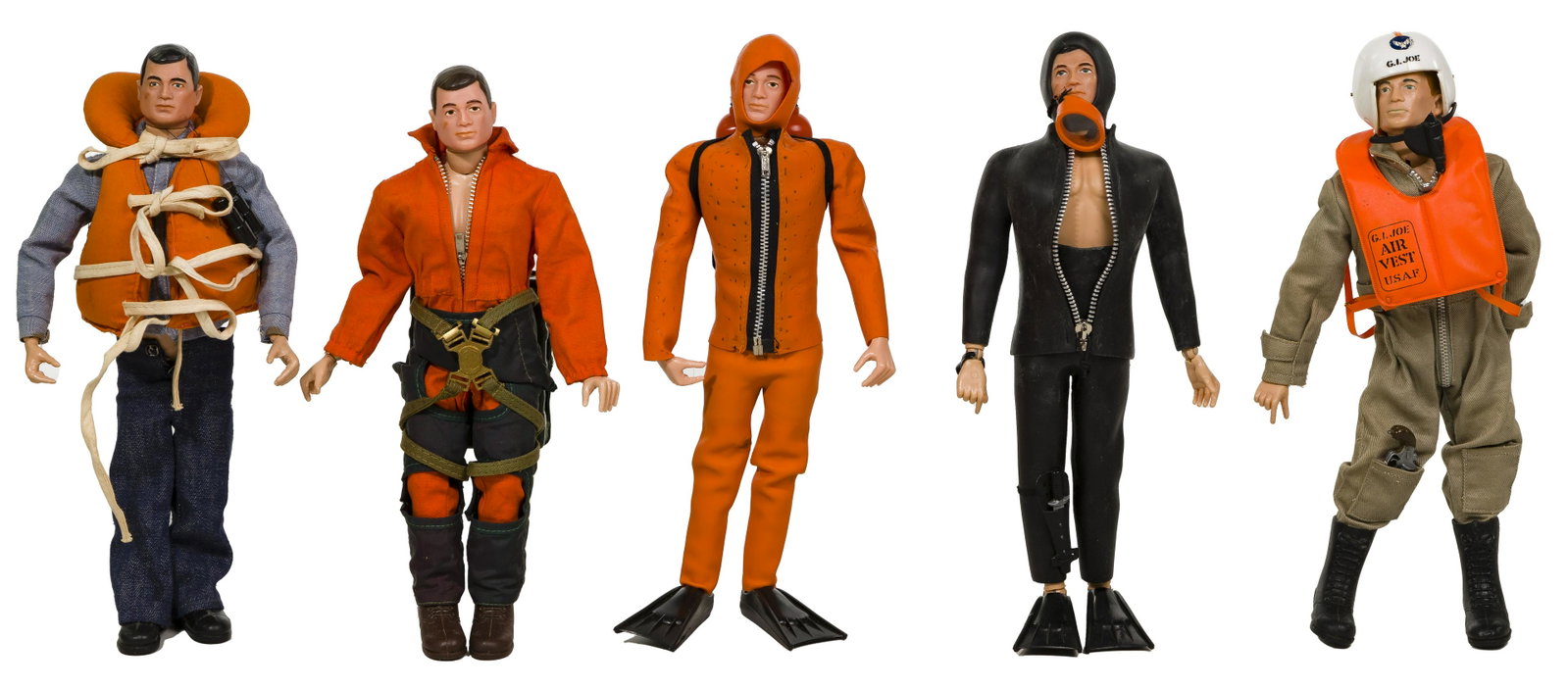 1964 Hasbro GI Joe Action Figures: 1964 Hasbro GI Joe Action Figures (5) figures including (2) divers, an Air Force Member and (2) dressed service members; all dated 1964 on the body; some having 'Hasbro Hong Kong' labels on the clothe