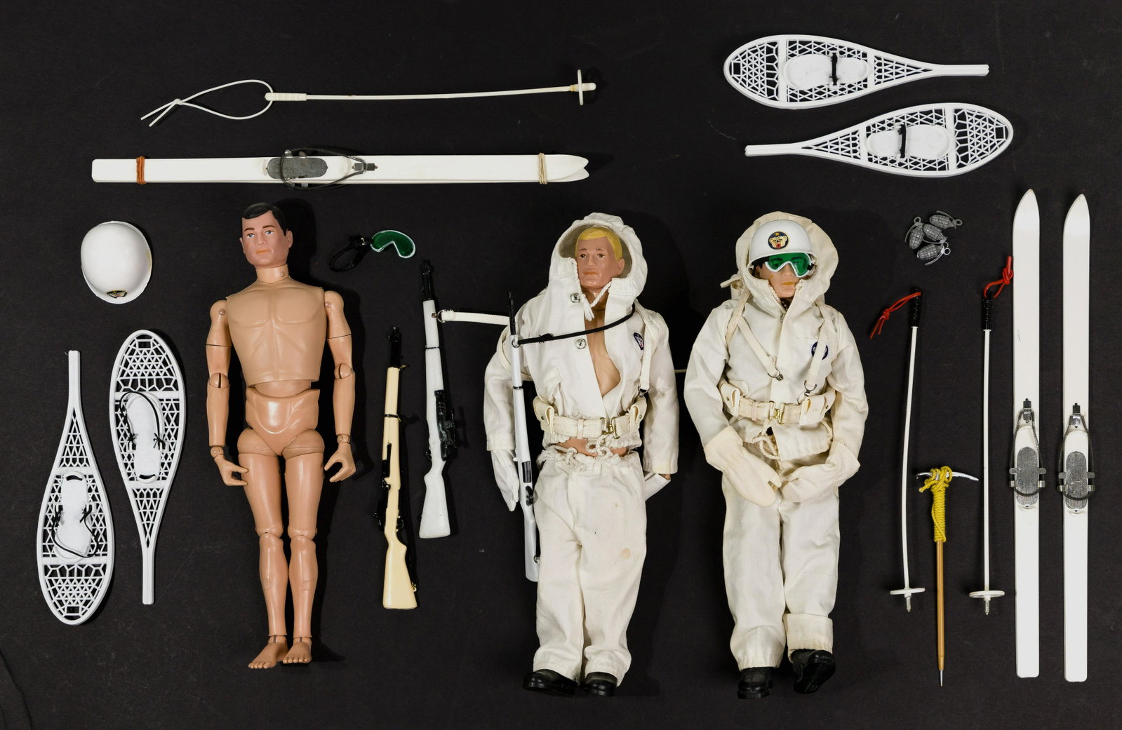 1964 Hasbro GI Joe Action Figures: 1964 Hasbro GI Joe Action Figures (3) figures including (2) mountain troopers with accessories and (1) without uniform; all dated 1964; some clothes and accessories marked 'Hasbro' Property from: a Oa