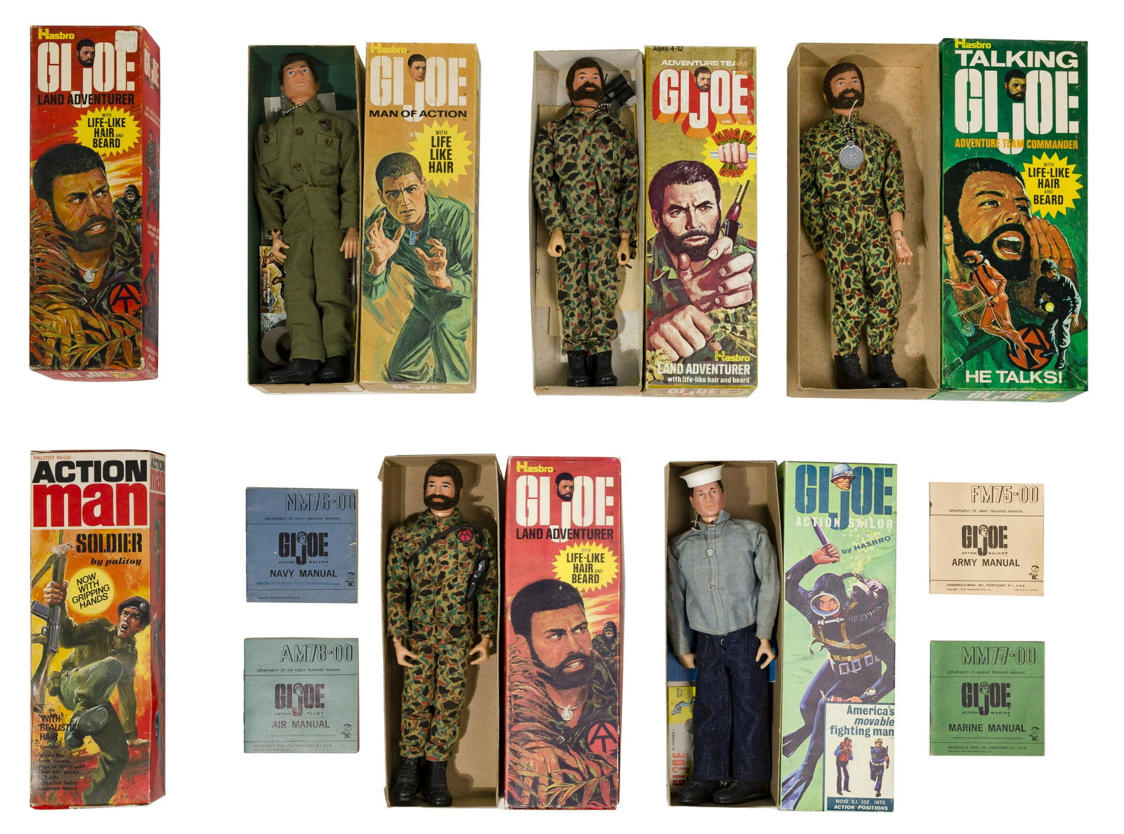 Hasbro GI Joe Action Figures with Original Boxes: Hasbro GI Joe Action Figures with Original Boxes (5) items including 1964 #7600 'Action Sailor' with booklets, 1970 #7500 'Man of Action' with booklets, 1970 #7401 'Land Adventurer', 1970 #7400 'Adven