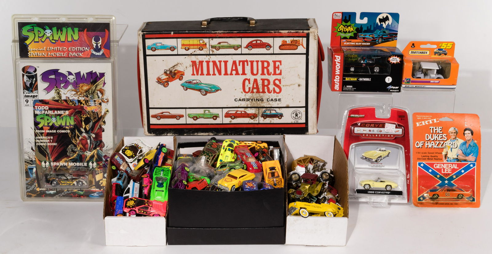 Toy Car Assortment: Toy Car Assortment Over (18) pounds of loose and packaged cars including Ertl General Lee, Hot Wheels Spawn having comic book, Auto World Batman - Batmobile, Matchbox #55 Golfcart and Greenlight 1966