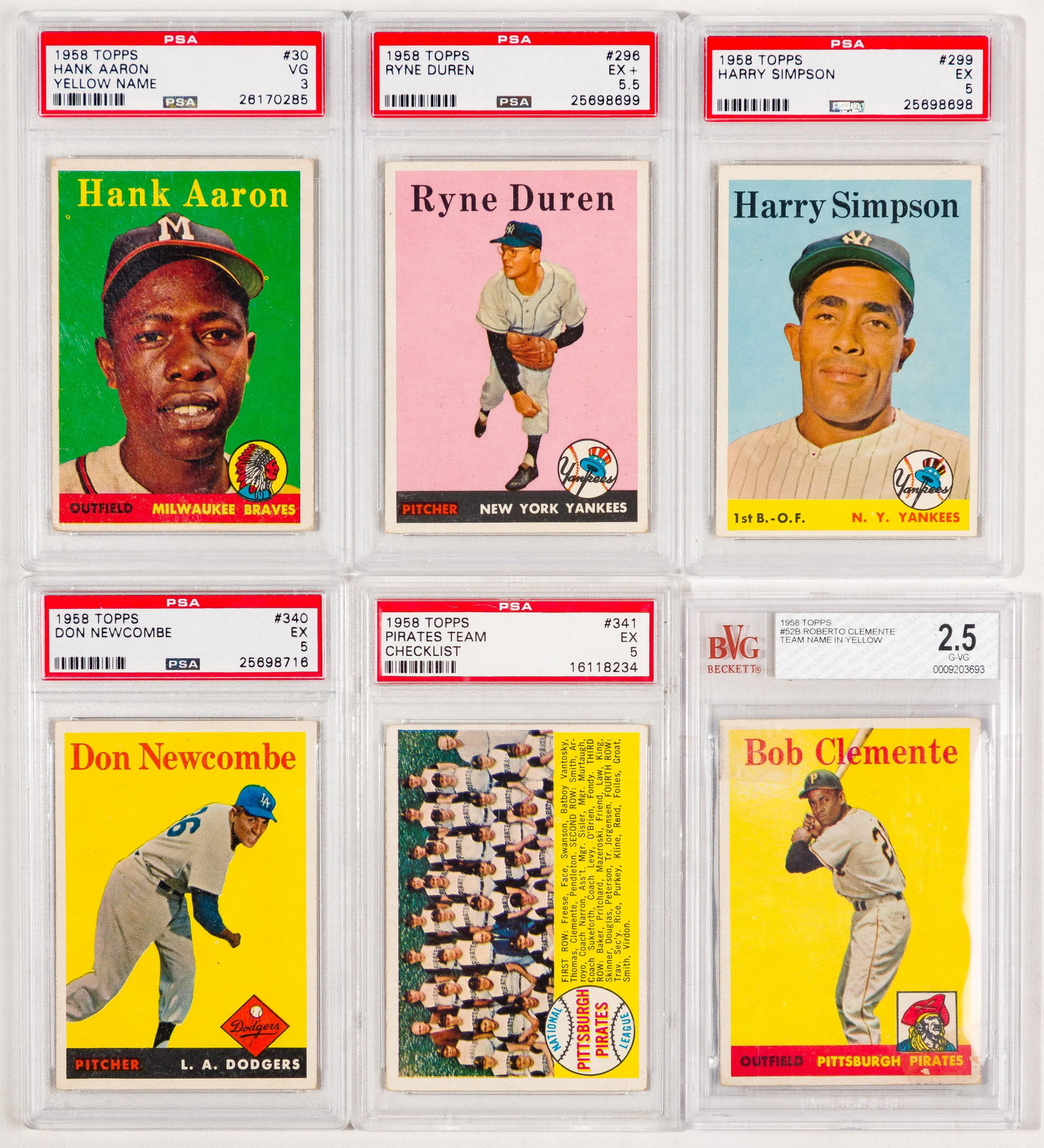 1958 Topps Baseball PSA / BVG Assortment: 1958 Topps Baseball PSA / BVG Assortment (6) graded cards including #30 Hank Aaron VG-3 PSA, #52B Roberto Clemente G/VG-2.5 BVG, #296 Ryne Duren EX+-5.5 PSA, #299 Harry Simpson EX-5 PSA, #340 Don Newc