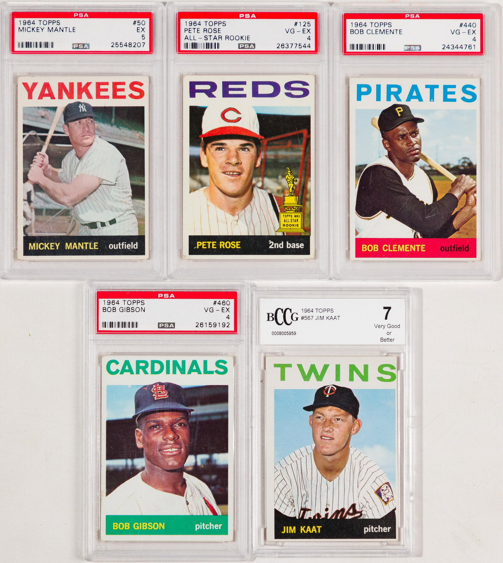 1964 Topps Baseball PSA Baseball Assortment: 1964 Topps Baseball PSA Baseball Assortment (4) PSA graded cards including #50 Mickey Mantle EX-5, #125 Pete Rose VG/EX-4, #440 Bob Clemente VG/EX-4 and #460 Bob Gibson VG/EX-4; together with a 1964 T