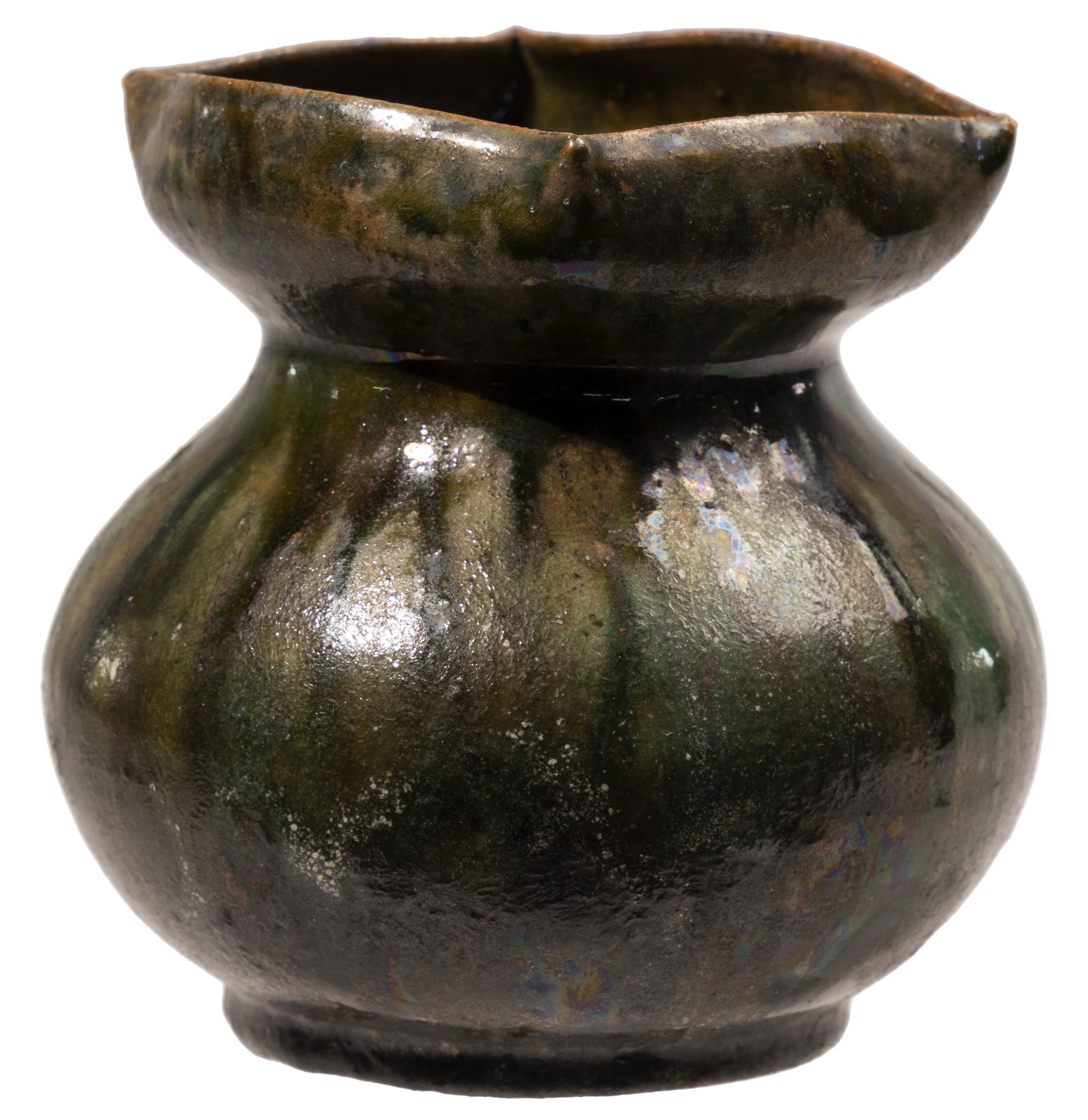 George E. Ohr (American, 1857-1918) Pottery Vase: George E. Ohr (American, 1857-1918) Pottery Vase Signed on underside, bulbous form, glazed ceramic vase having a pinched rim, in hues of mottled green, yellow, red and silver Height: 3 1/8 inches, Wid