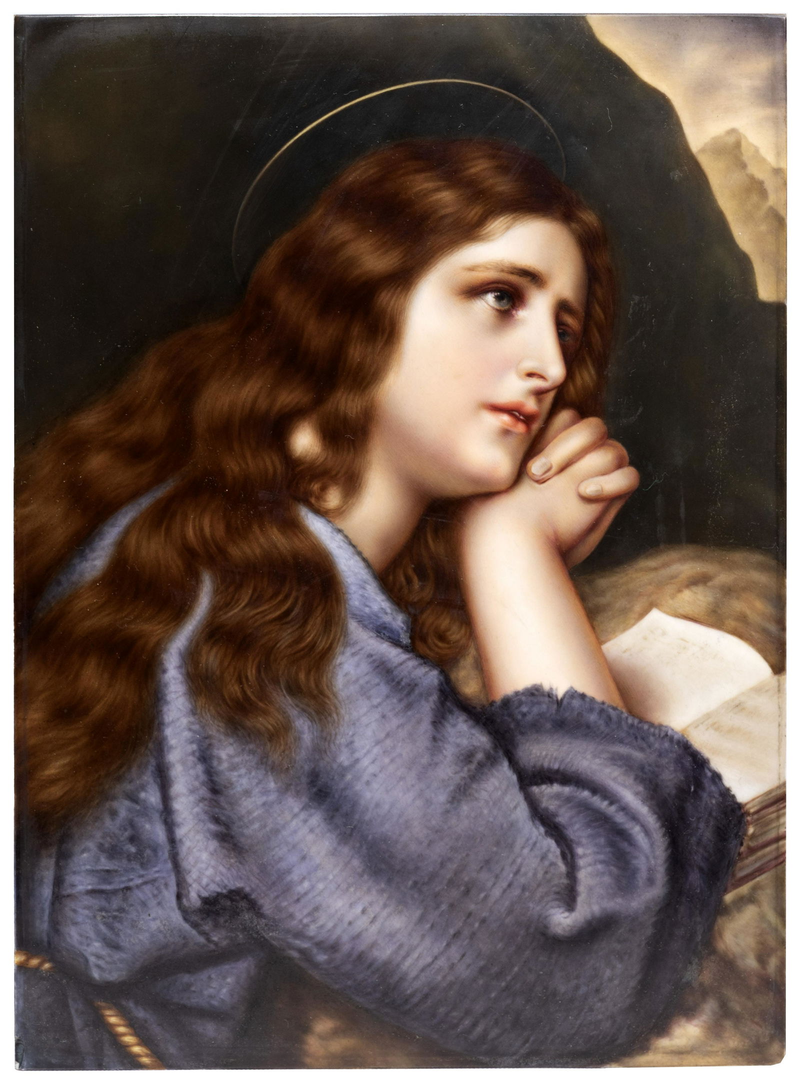 Berlin K.P.M. Hand Painted Porcelain Plaque: Berlin K.P.M. Hand Painted Porcelain Plaque Late 19th / early 20th century, unsigned, depicting a portrait of Mary Magdalene at prayer, impressed 'K.P.M.', scepter mark and measurements '340 200' to t