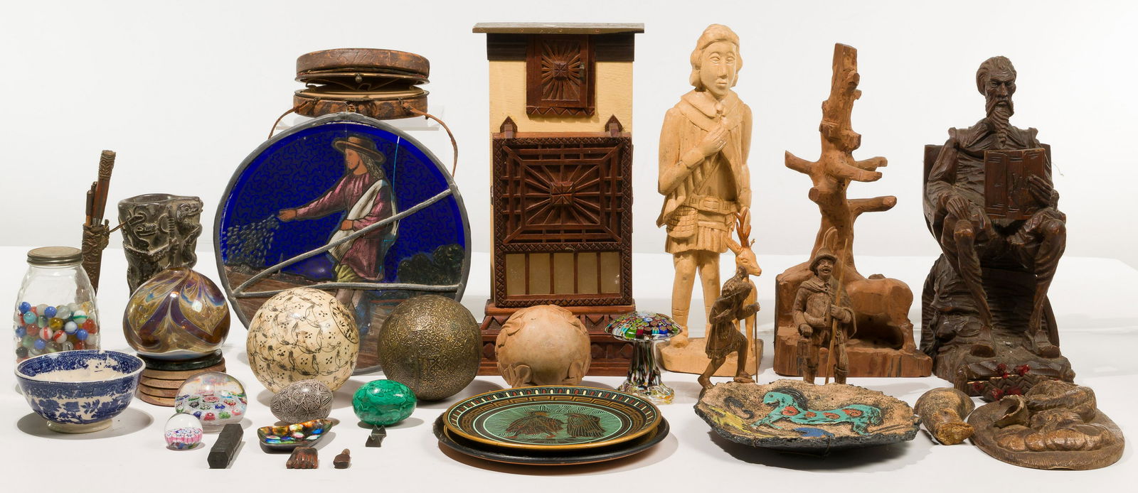 Decorative Object Assortment: Decorative Object Assortment Over (30) items including stained glass sun catcher, figurines, carpet balls, glass paperweights, plates, marbles, Egyptian-style vase, leather purse and fragmentary piece