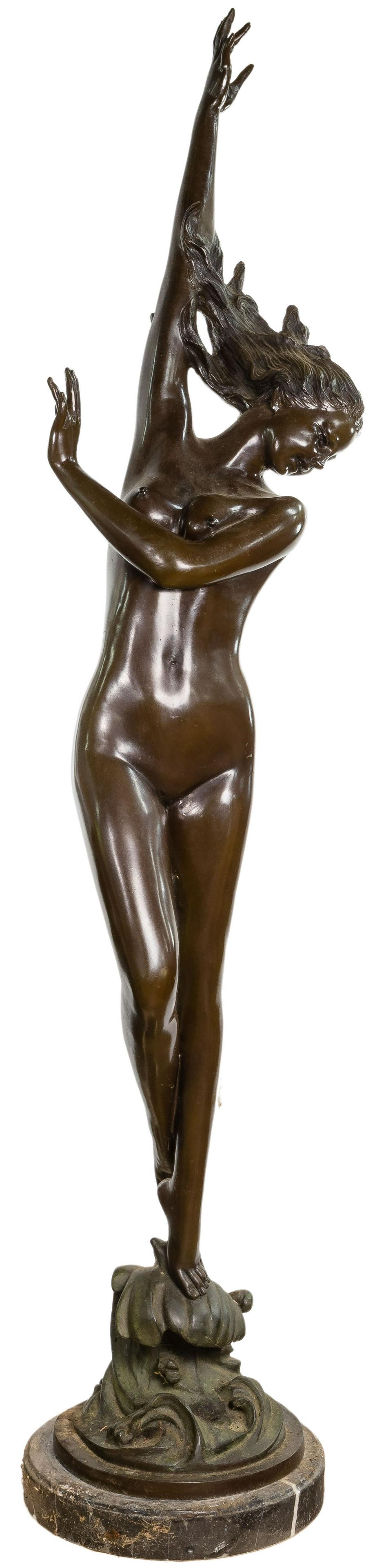 (After) Auguste Moreau (French, 1861-1906) Bronze Nude Sculpture: (After) Auguste Moreau (French, 1861-1906) Bronze Nude Sculpture Undated, unsigned, depicting a nude female, arms raised, dancing on a wave, mounted on a marble plinth Property from: Private Collector