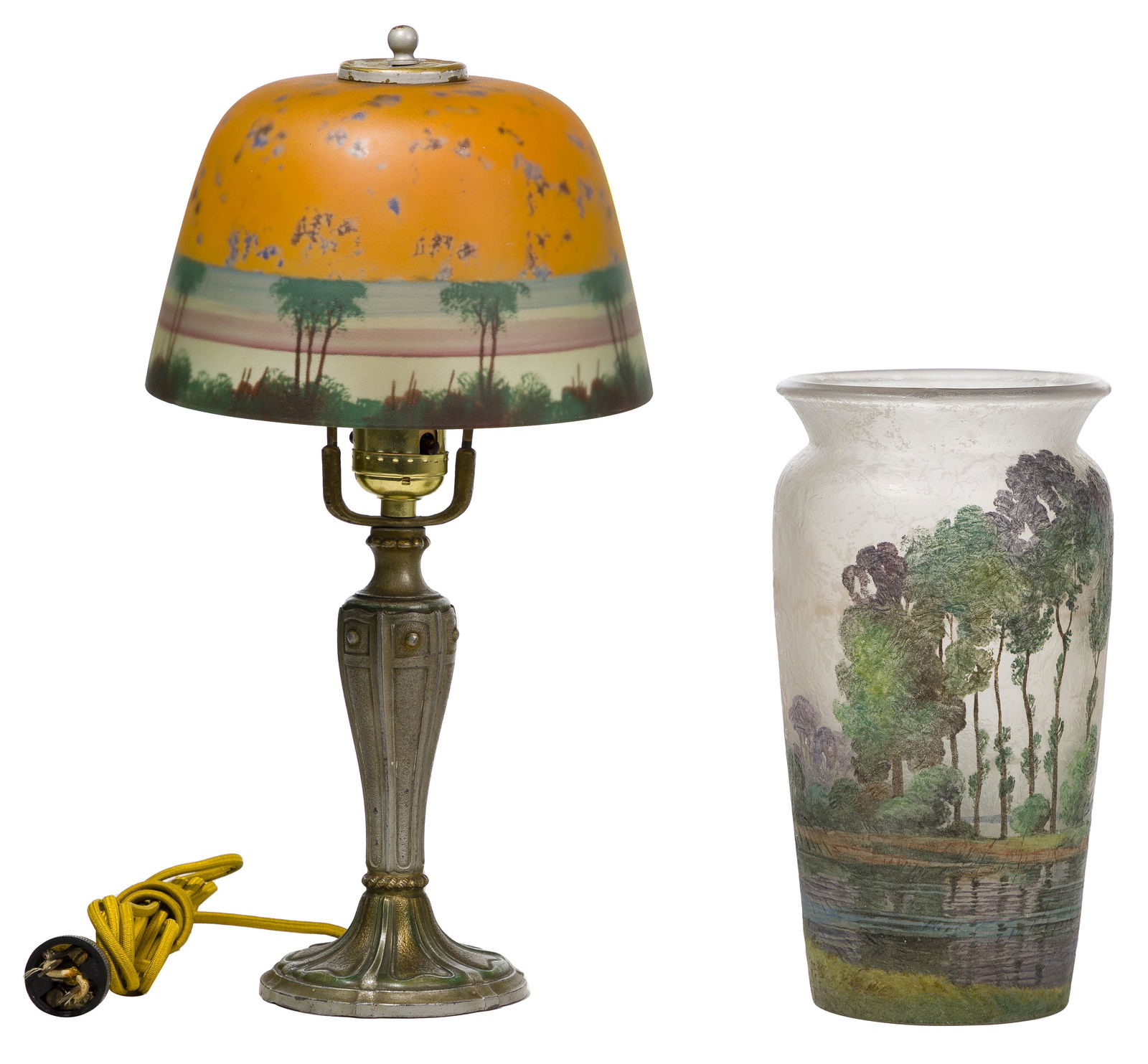 Handel Teroma Vase: Handel Teroma Vase Having a painted landscape scene by John Bailey, signed near foot, on 'chipped ice' opaque glass; together with a Handel style lamp having a reverse painted glass shade and spelter