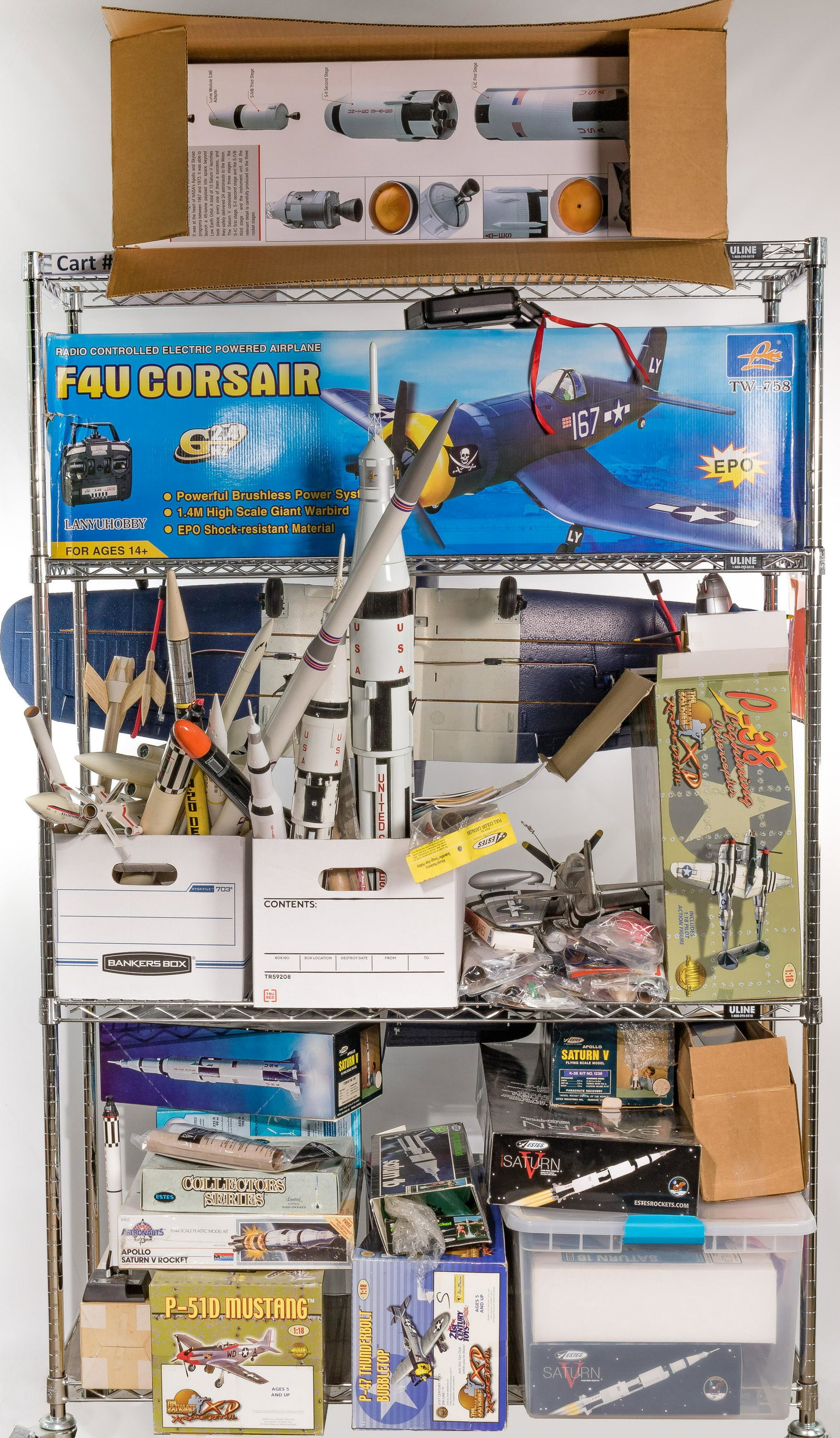 Model Airplane and Rocket Ship Assortment: Model Airplane and Rocket Ship Assortment Approximately (40) items including Lanyuhobby #TW-758 radio controlled electric F4U Corsair, assembled, having control and original box; 21st Century Toys P-4