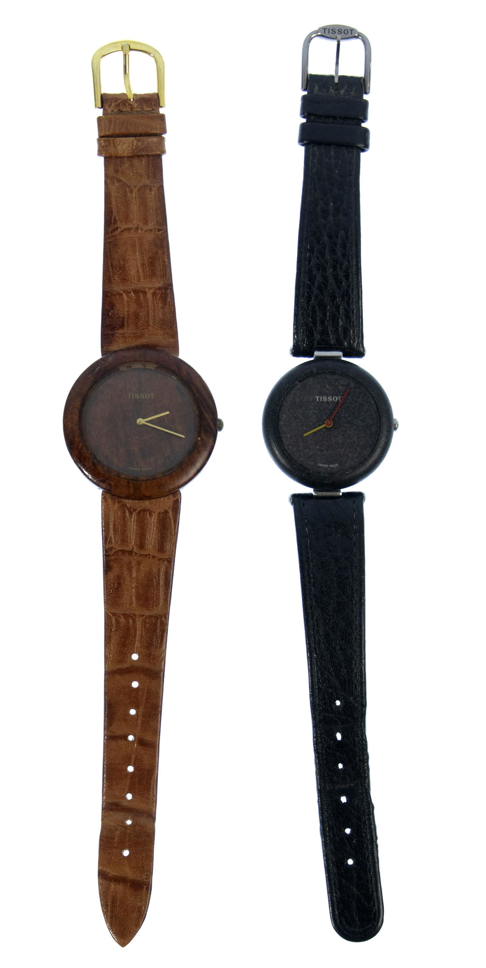 Tissot Wristwatches: Tissot Wristwatches (2) items including a wood watch ref# W151 having a quartz movement, gold hands and crown on leather band; and a black stone watch Ref# R151 quartz movement, red and yellow hands a