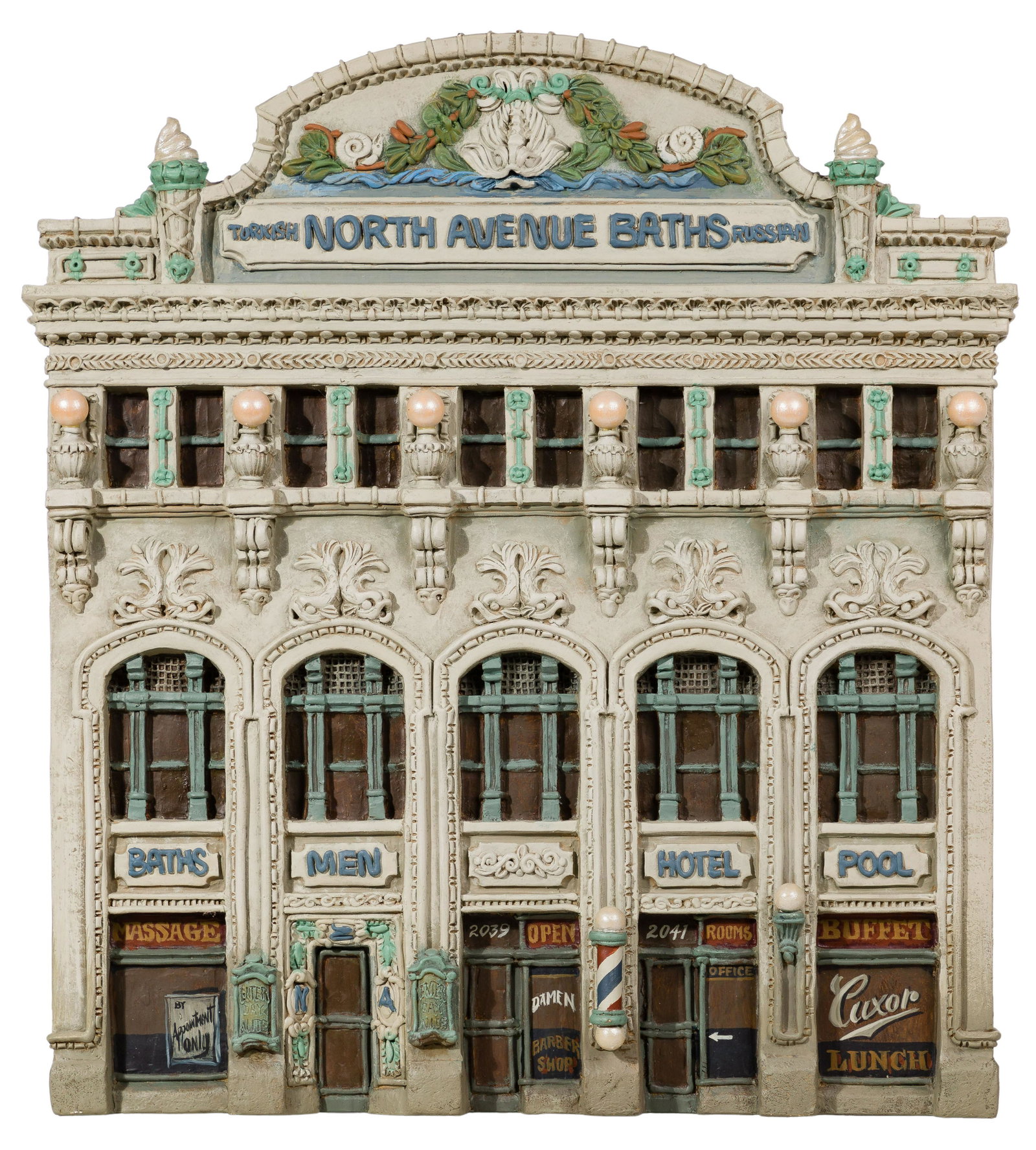 Alice 'Zani' Jacobsen (American, 20th Century) 'North Avenue Baths' Plaster Relief: Alice 'Zani' Jacobsen (American, 20th Century) 'North Avenue Baths' Plaster Relief Undated, signed upper left side, 'Built 1923 Chicago' on lower right side, individual hand casting and hand painted c