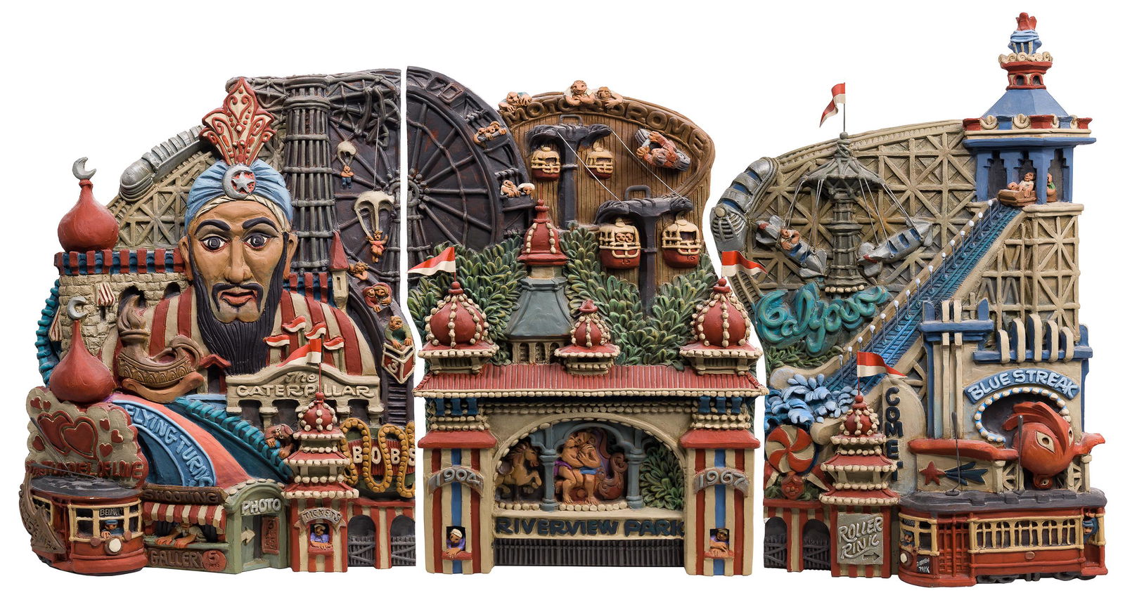 Alice 'Zani' Jacobsen (American, 20th Century) 'Riverview Amusement Park' Triptych Plaster Relief (1 of 10)