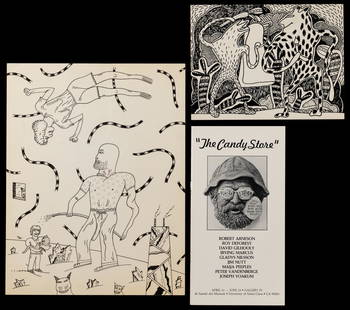 Jim Nutt (American, b.1938) and Related Ephemera Assortment: 'The Candy Store' and 'Phyllis Kind Gallery' Ephemera Assortment (4) items including an offset lithograph flyer and a 1980 exhibition pamphlet from the California gallery, featuring artists including