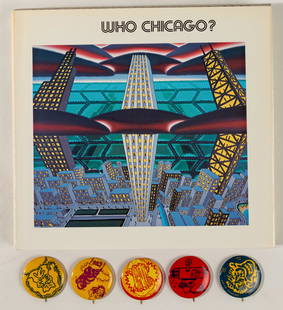 'Hairy Who' Pinback Button Set: 'Hairy Who' Pinback Button Set Set of (5) transfer-printed metal items, 1967, including designs by Jim Nutt, Karl Wirsum, Gladys Nilsson, Art Green and Suellen Rocca, from a 'Hairy Who' exhibition at