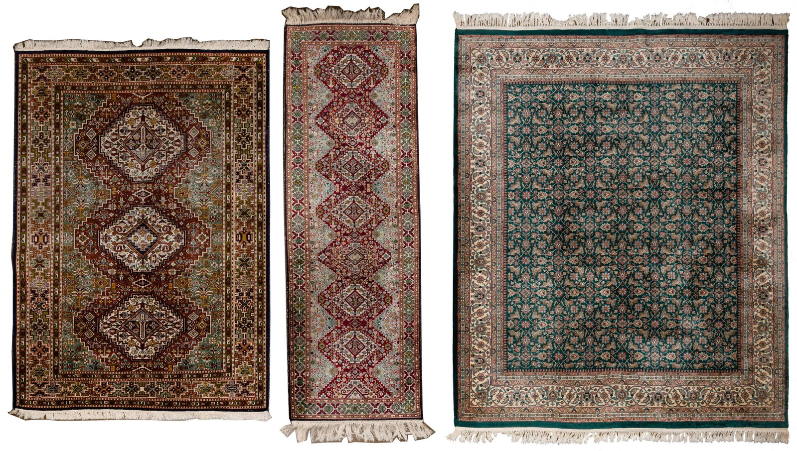 Kashmir Rug Assortment: Kashmir Rug Assortment (3) items including a flat weave rug having an abstract floral and geometric design, three center medallions in hues of blue, green, cream and turquoise on a rust field, fringe 