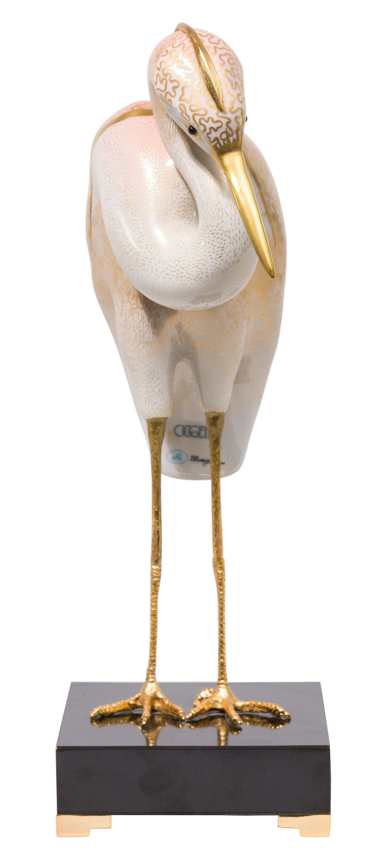 Giulia Mangani for Oggetti Porcelain Heron Statuette: Giulia Mangani for Oggetti Porcelain Heron Statuette Late 20th century, porcelain body having gilt details and standing on brass legs atop an acrylic base, maker mark to underside of tail and to base
