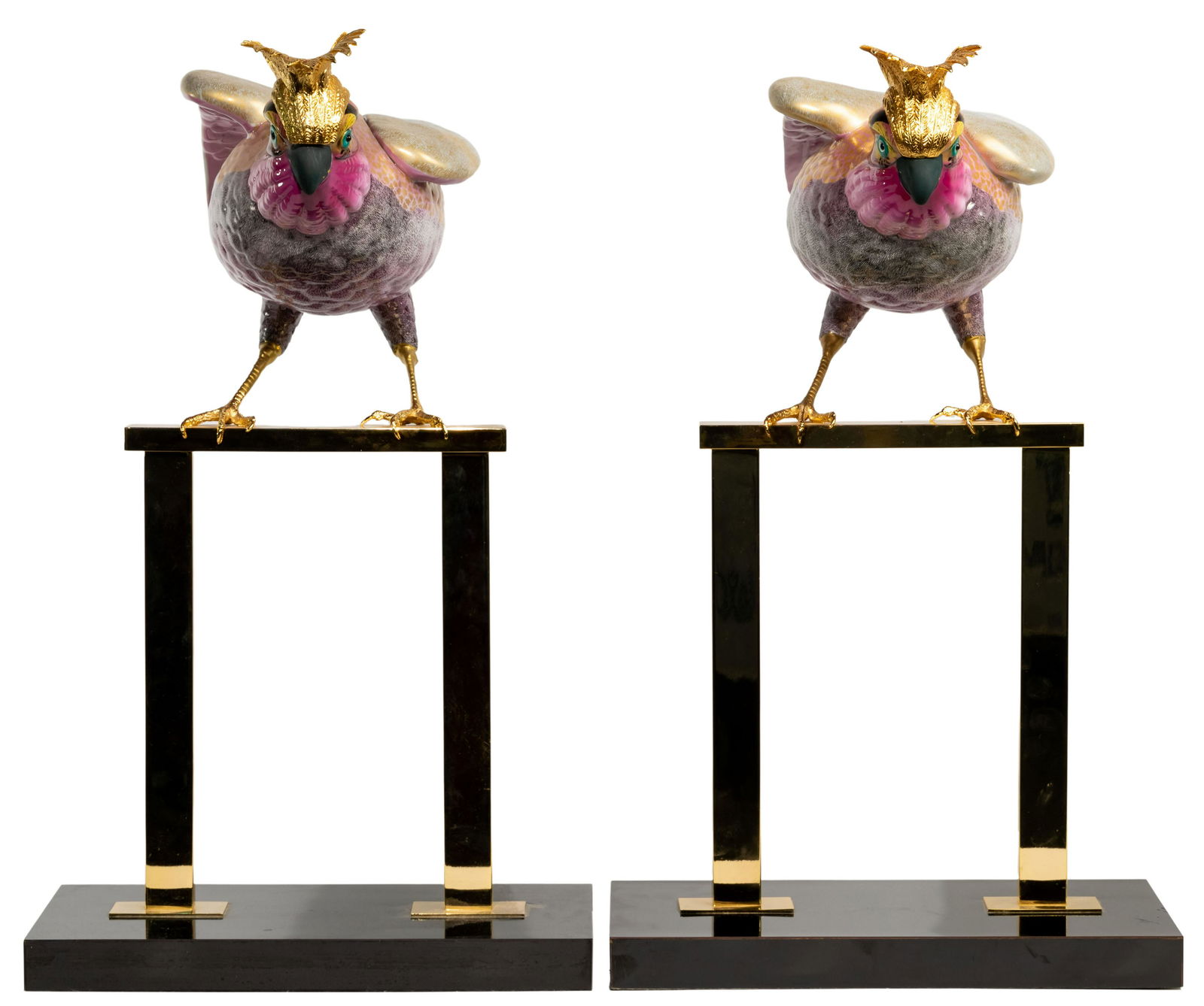 Mangani for Oggetti Porcelain Parrots: Mangani for Oggetti Porcelain Parrots Pair of painted parrots mounted on a brass perch with black base, label underside of tail Property from: an Elmhurst, Illinois estate Height: 21 inches, Length: 1