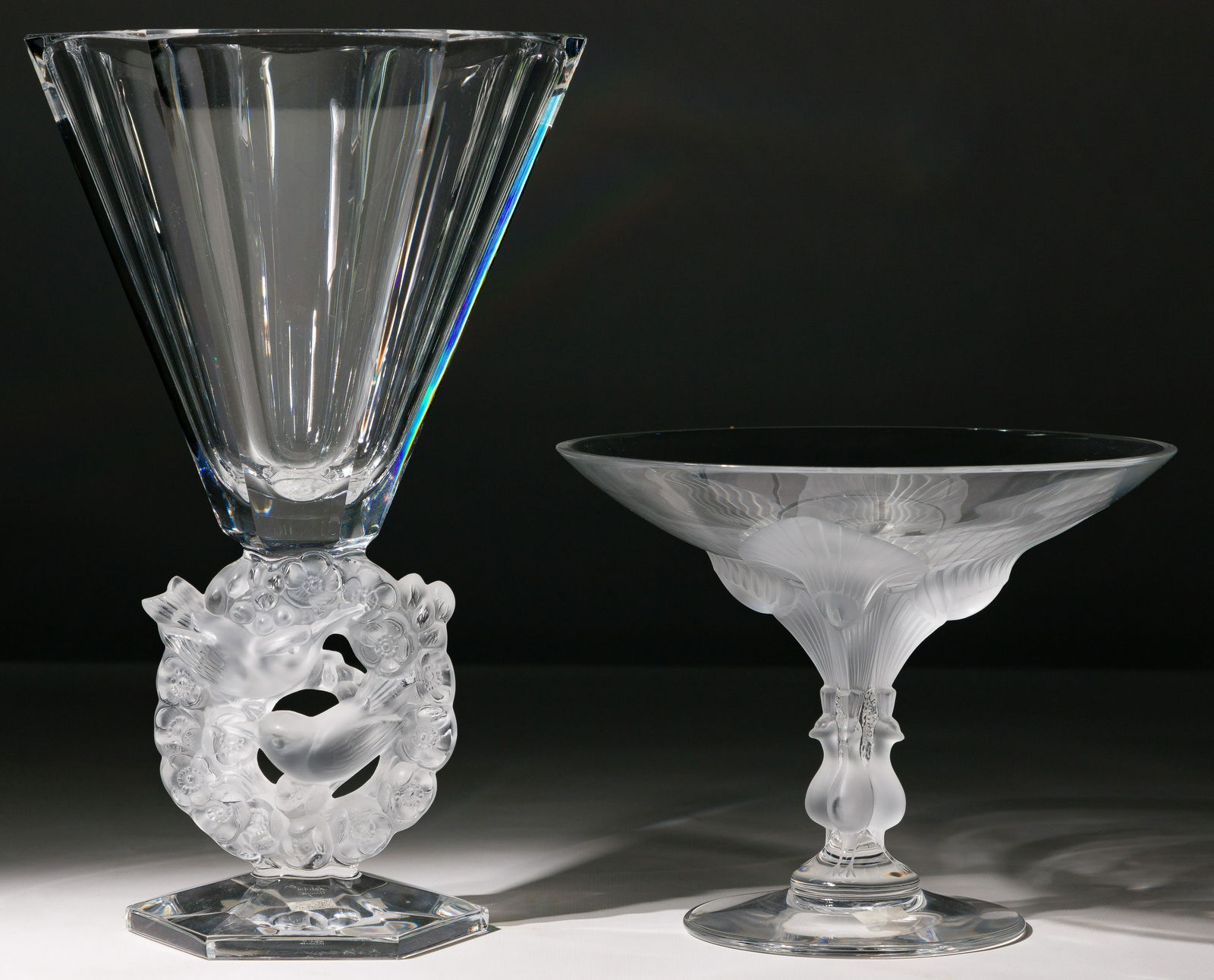 Lalique Crystal 'Mesange' Vase and 'Virginia Peacocks' Compote (1 of 2)