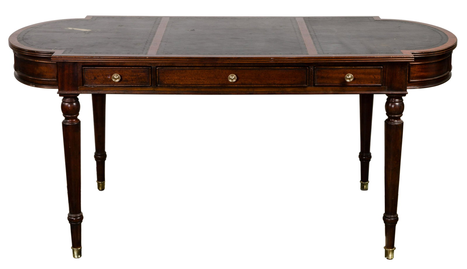 Century Leather Top Desk: Century Leather Top Desk Having divided leather top over (3) drawers; attached label inside of drawer Property from: an Oak Park, Illinois collector Height: 31 inches, Width: 68 inches, Depth: 32 inch