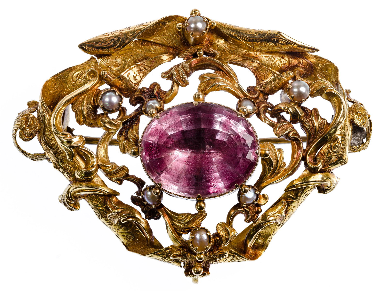 Victorian 18k Yellow Gold, Purple Sapphire and Pearl Brooch (1 of 2)