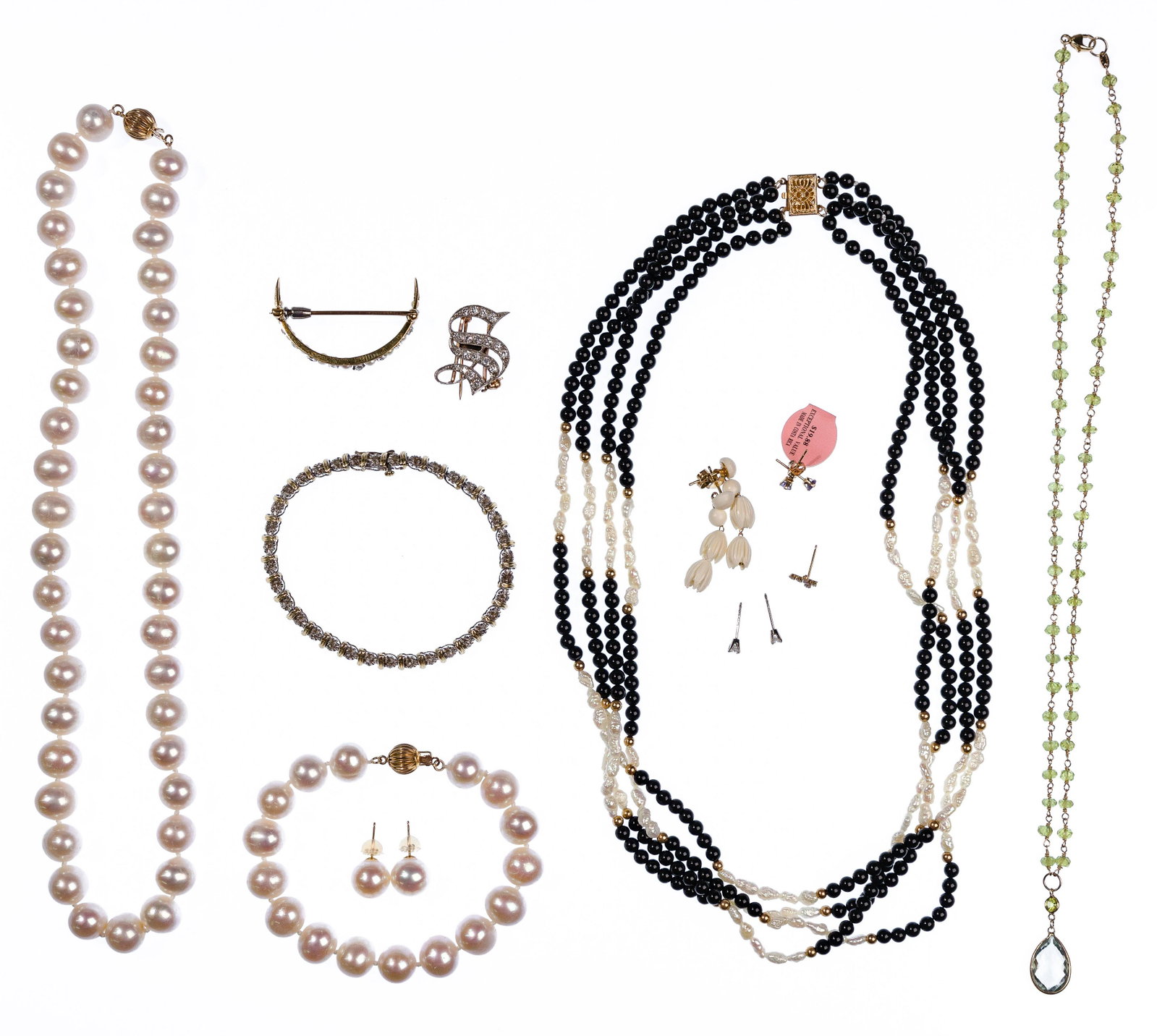 14k and 10k Gold Jewelry Assortment: 14k and 10k Gold Jewelry Assortment (12) items including (2) diamond pins, 10-mm pearl necklace, bracelet and pierced earrings, black, white and gold bead necklace, green gemstone tear drop choker, te