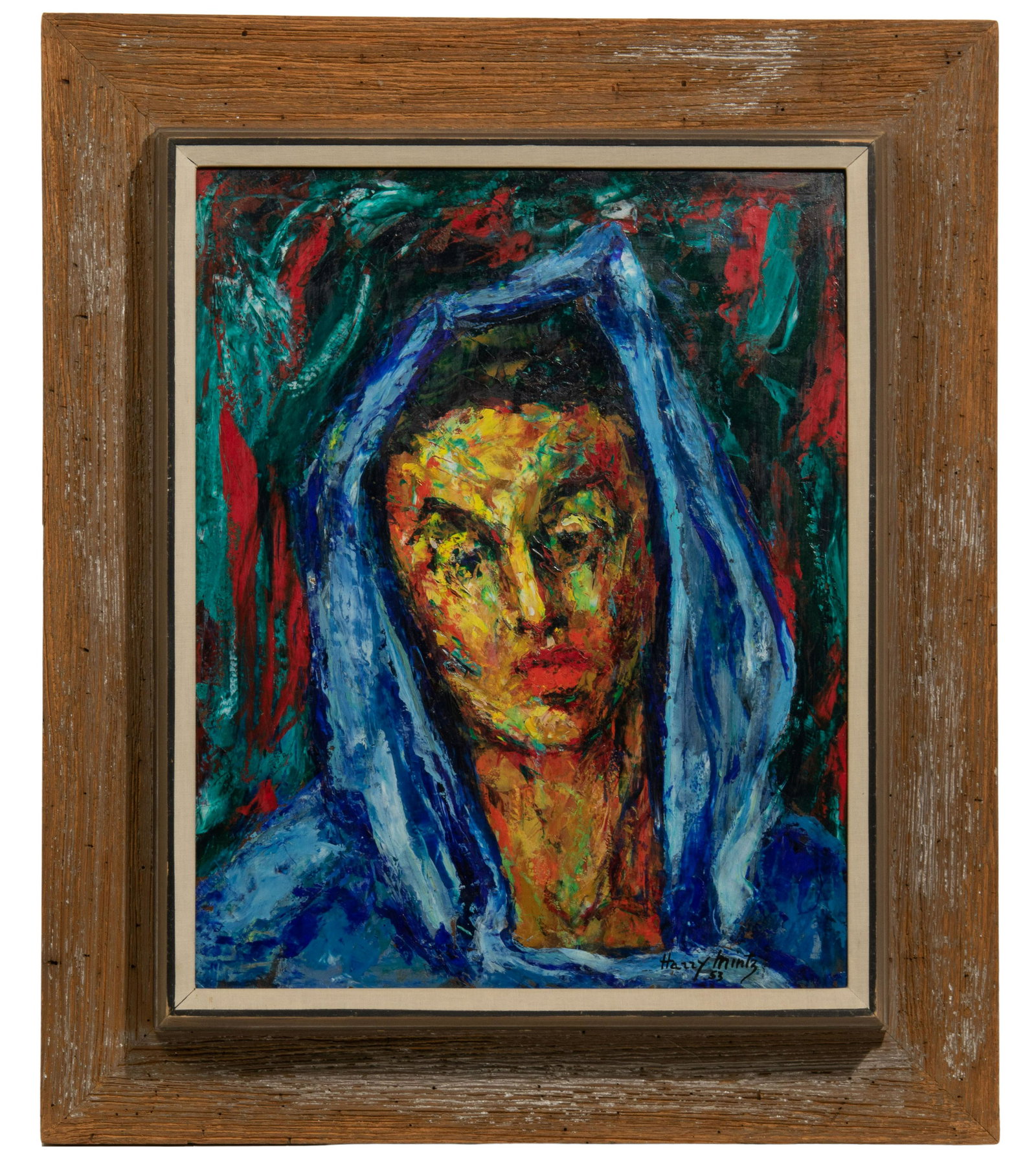 Harry Mintz (Polish / American, 1907-2002) 'Blue Shawl' Oil on Masonite: Harry Mintz (Polish / American, 1907-2002) 'Blue Shawl' Oil on Masonite 1953, signed and dated lower right, depicting a portrait of a woman having a blue head covering, price label showing title affix