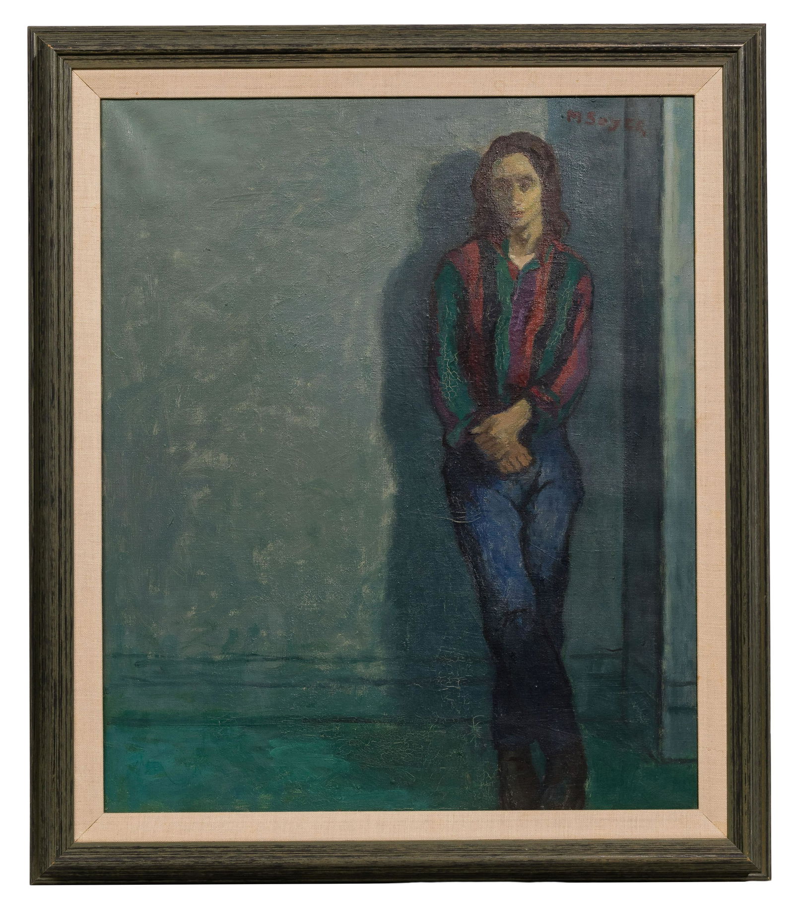 Moses Soyer (American, 1899-1974) Oil on Canvas: Moses Soyer (American, 1899-1974) Oil on Canvas Undated, signed upper right, depicting a person leaning on a wall, matted in a gray weathered frame Property from: a Wilmette, Illinois estate Height: 2