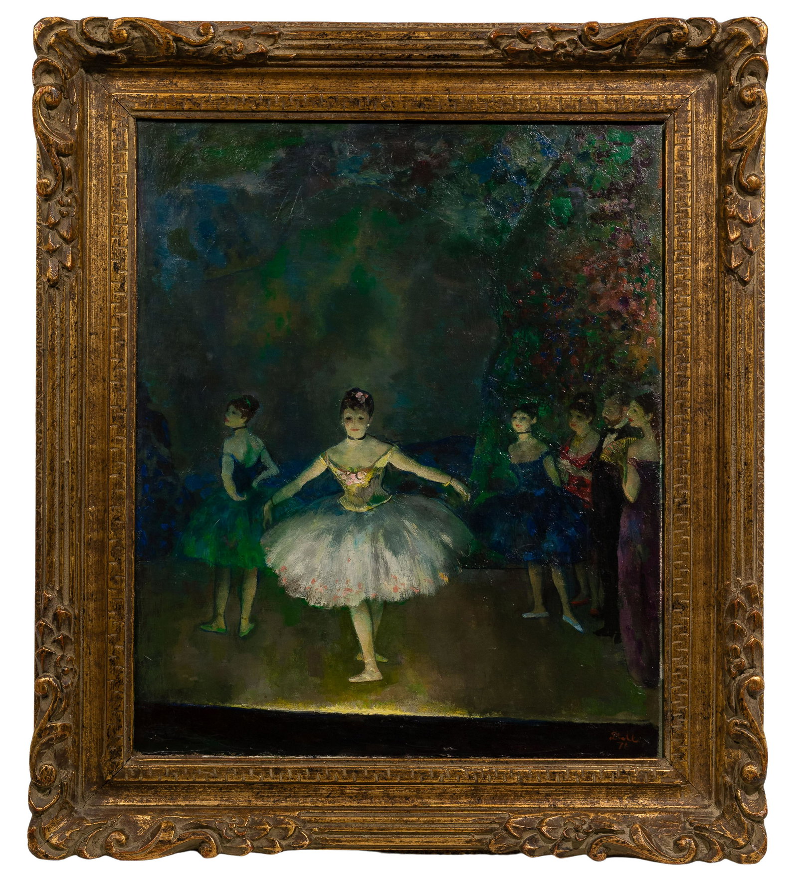 Ben Stahl (American, 1910-1987) 'Her Last Performance' Oil on Canvas: Ben Stahl (American, 1910-1987) 'Her Last Performance' Oil on Canvas 1976, signed and dated lower right and to the reverse, depicting ballerinas on stage, inscribed 'San Miguel de Allende Mexico' to t