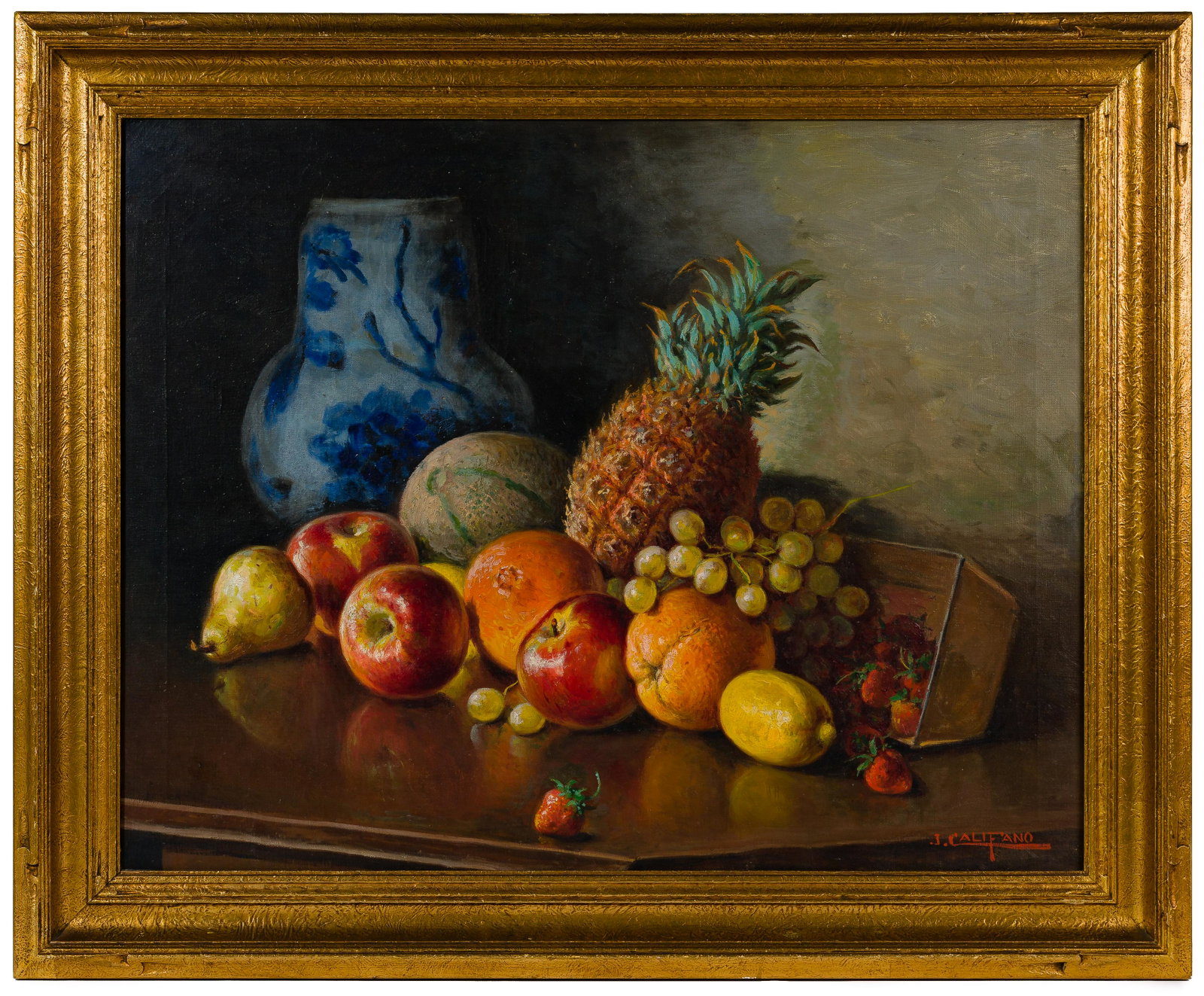 John Cafilano (Italian / American, 1862-1946) Oil on Canvas: John Cafilano (Italian / American, 1862-1946) Oil on Canvas Undated, signed lower right, still life having fruits and vase; in a gold tone wood frame Property from: a Barrington Hills, Illinois Estate