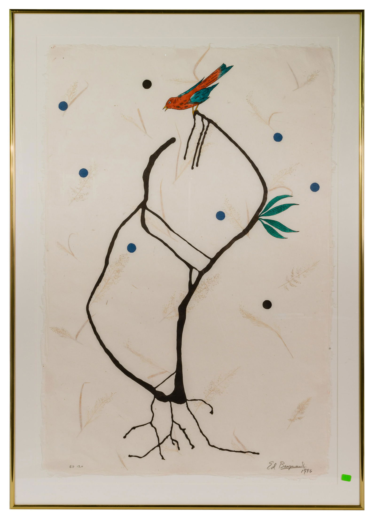 Ed Baynard (American, 1940-2016) Linocut, Relief / Pochoir on Handmade Paper: Ed Baynard (American, 1940-2016) Linocut, Relief / Pochoir on Handmade Paper 1996, pencil signed and dated lower right, 'ED 120' lower left, abstract composition including bird and branch; matted behi