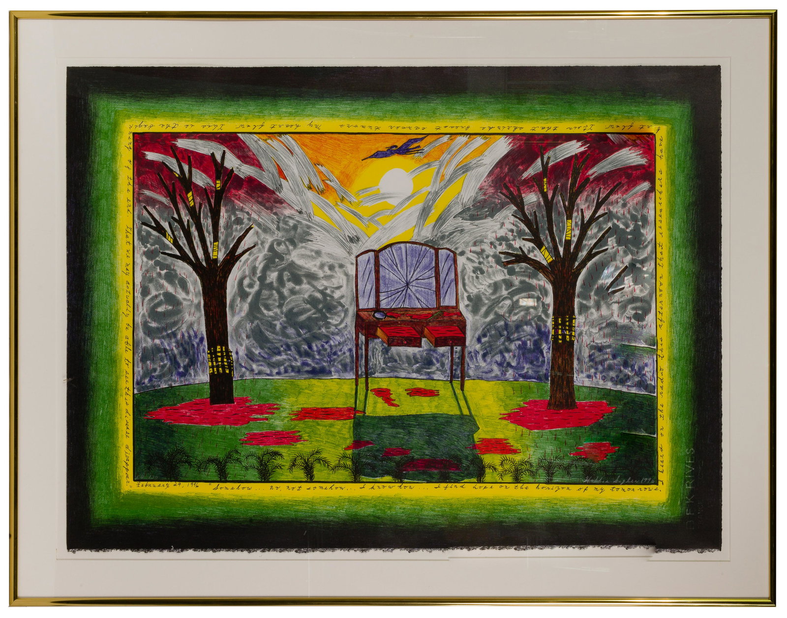 Hollis Sigler (American, 1948-2001) Lithograph on BFK Rives Paper: Hollis Sigler (American, 1948-2001) Lithograph on BFK Rives Paper 1996, pencil signed and dated lower right, 'ED 120' lower left, titled 'I Find Hope on the Horizons of my Tomorrow' lower right; surre