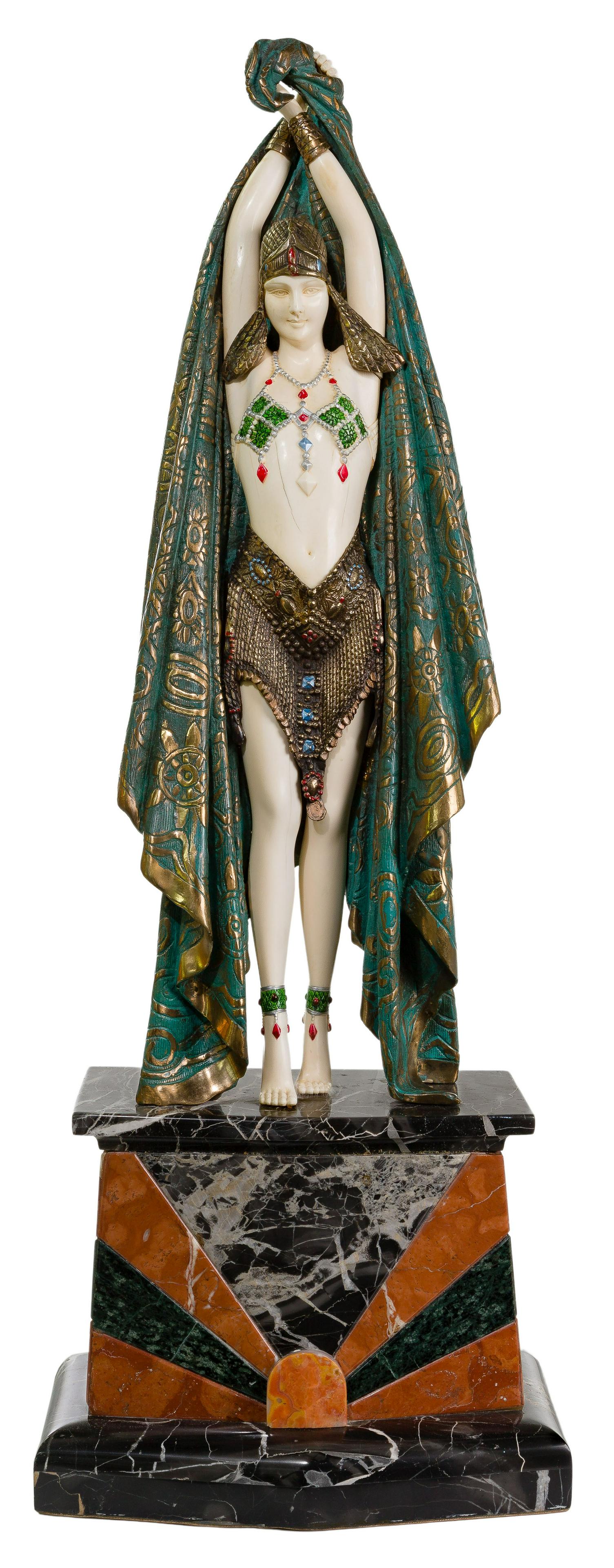 (After) Demetre Chiparus (Romanian 1886-1947) "Antinea" Sculpture: (After) Demetre Chiparus (Romanian 1886-1947) 'Antinea' Sculpture Undated, signed 'D.H. Chiparus' on back right lower edge of cloak, 'Etling' Paris emblem on back of marble, depicting a dancer with bo