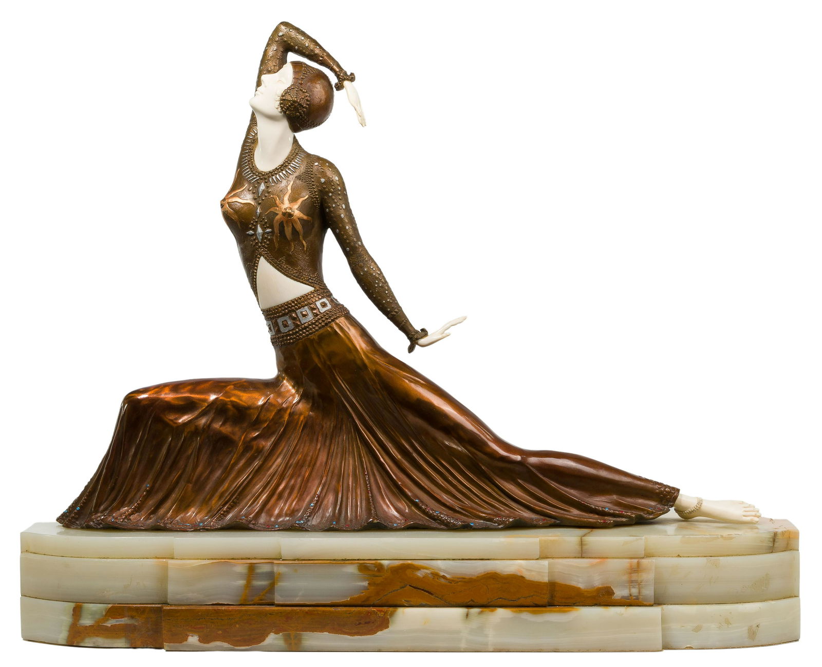 (After) Demetre Chiparus (Romanian 1886-1947) "Clara" Sculpture: (After) Demetre Chiparus (Romanian 1886-1947) 'Clara' Sculpture Undated, signed on plinth, 'Etling' Paris emblem on back of marble, bronze having carved bone features depicting dancer from the Ballet