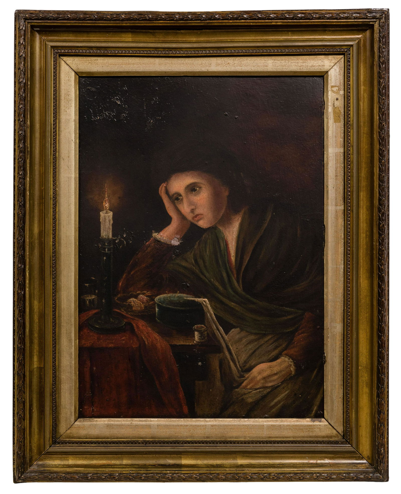 Unknown Artist (20th Century) 'Girl Sewing' Oil on Board (1 of 2)