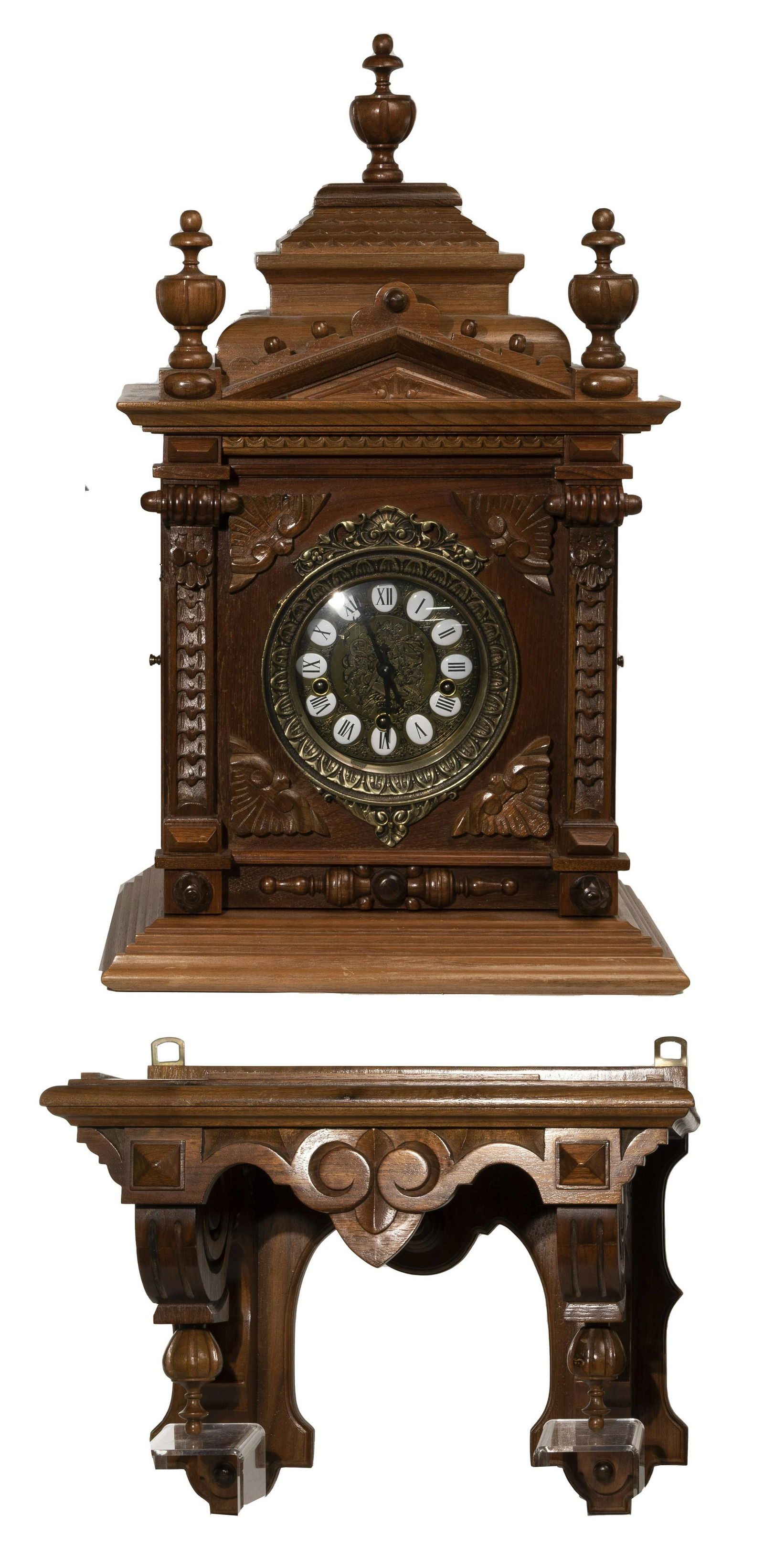 Gazo 'Mission Bay' Mantel Clock and Bracket Shelf: Gazo 'Mission Bay' Mantel Clock and Bracket Shelf Serial #MB1028W carved walnut case having glass paneled side doors, an 8-day movement and 8-bar strike and chime movement, brass framed metal dial hav