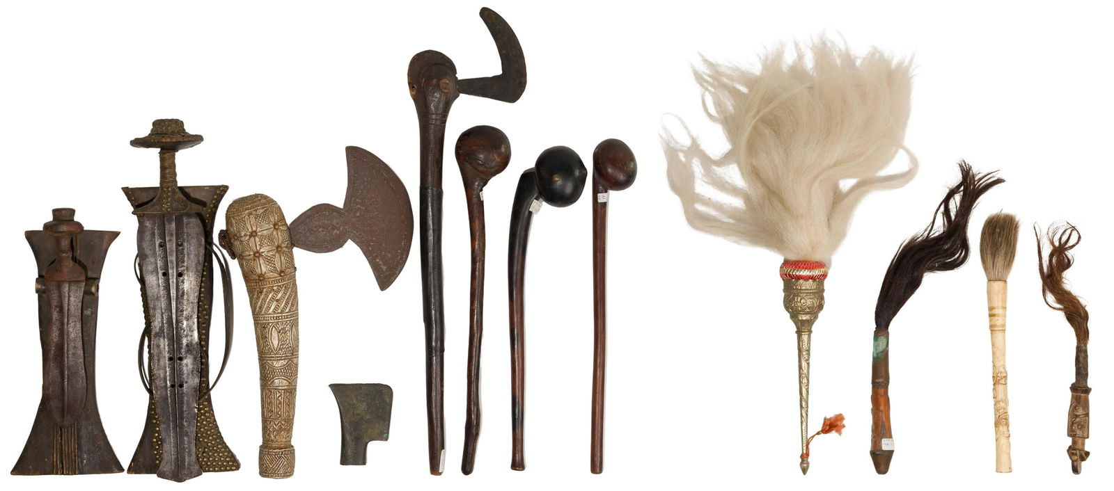 African Weapon and Fly Whisk Assortment: African Weapon and Fly Whisk Assortment (11) items including (2) swords / daggers having wide symmetrical blades each having decorative wood scabbard with a sword and scabbard having studded metal mot