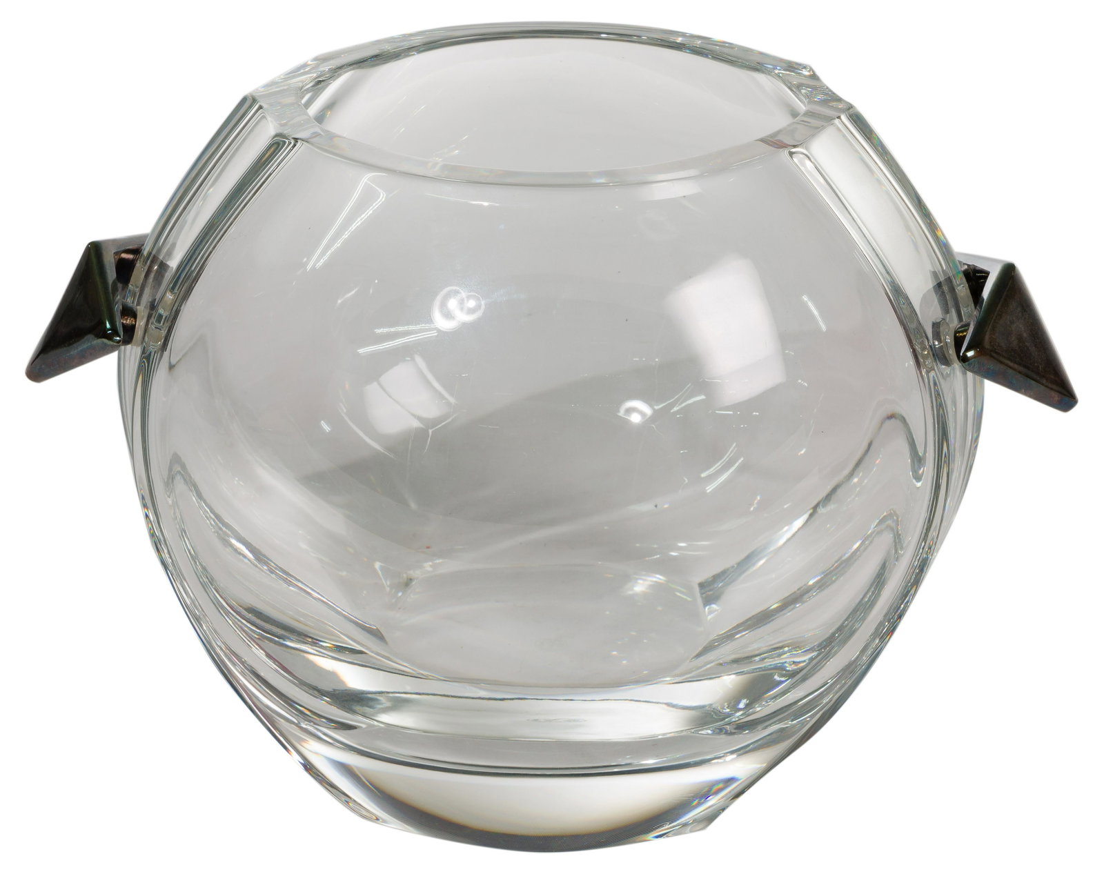 Baccarat Crystal Bowl: Baccarat Crystal Bowl Having triangular silver tone handles; marked on the underside; including box Property from: an Itasca, Illinois collector Height: 7 1/2 inches, Width: 11 inches, Depth: 8 inches