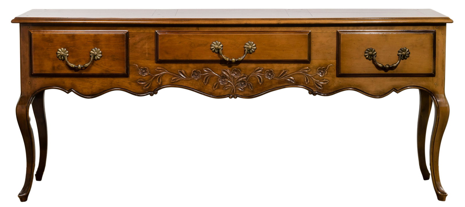 Richelieu French Carved Fruitwood Sideboard: Richelieu French Carved Fruitwood Sideboard 20th century, having a carved floral motif and (3) drawers with brass handles; marked 'Made in France' and 'Richelieu Art & Meubles De France' on the back P