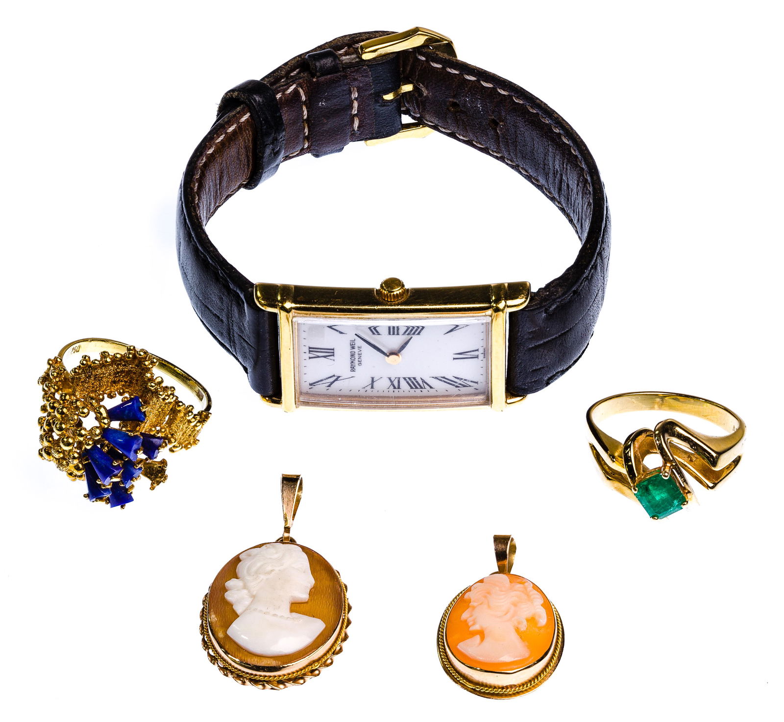 18k Gold and 14k Gold Jewelry Assortment: 18k Gold and 14k Gold Jewelry Assortment Including marked '750' ring; marked '14k' ring and (2) pendants with cameos; together with a Raymond Weil gold filled wrist watch Property from: a Sugar Grove,