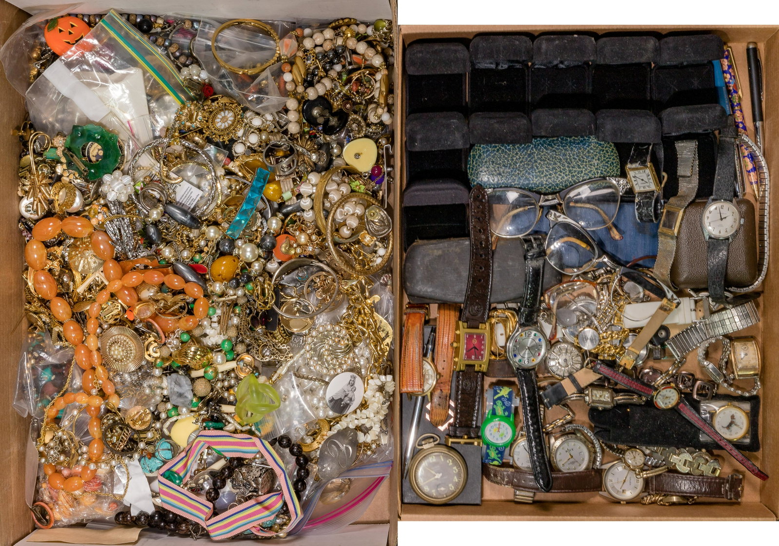 Costume Jewelry and Watch Assortment: Costume Jewelry and Watch Assortment Approximately (10) pounds of jewelry including earrings, pins, pendants, necklaces and bracelets; and an assortment of watches from Elgin, Panto, Timex and Gruen P