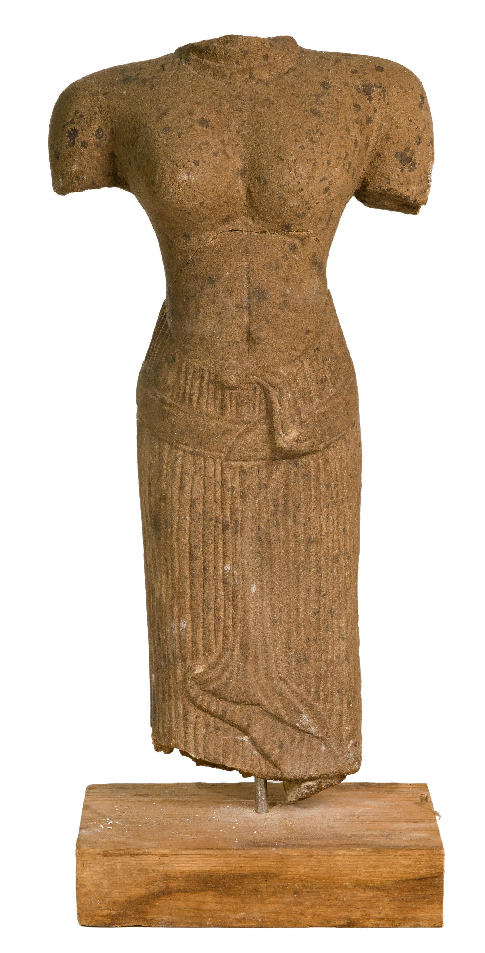 Cambodian Khmer Sandstone Sculpture: Cambodian Khmer Sandstone Sculpture Carved Bauphon style torso of a female deity on a wood base Property from: a Kalamazoo, Michigan estate Height: 16 inches, Width: 6 3/4 inches (with base) Condition