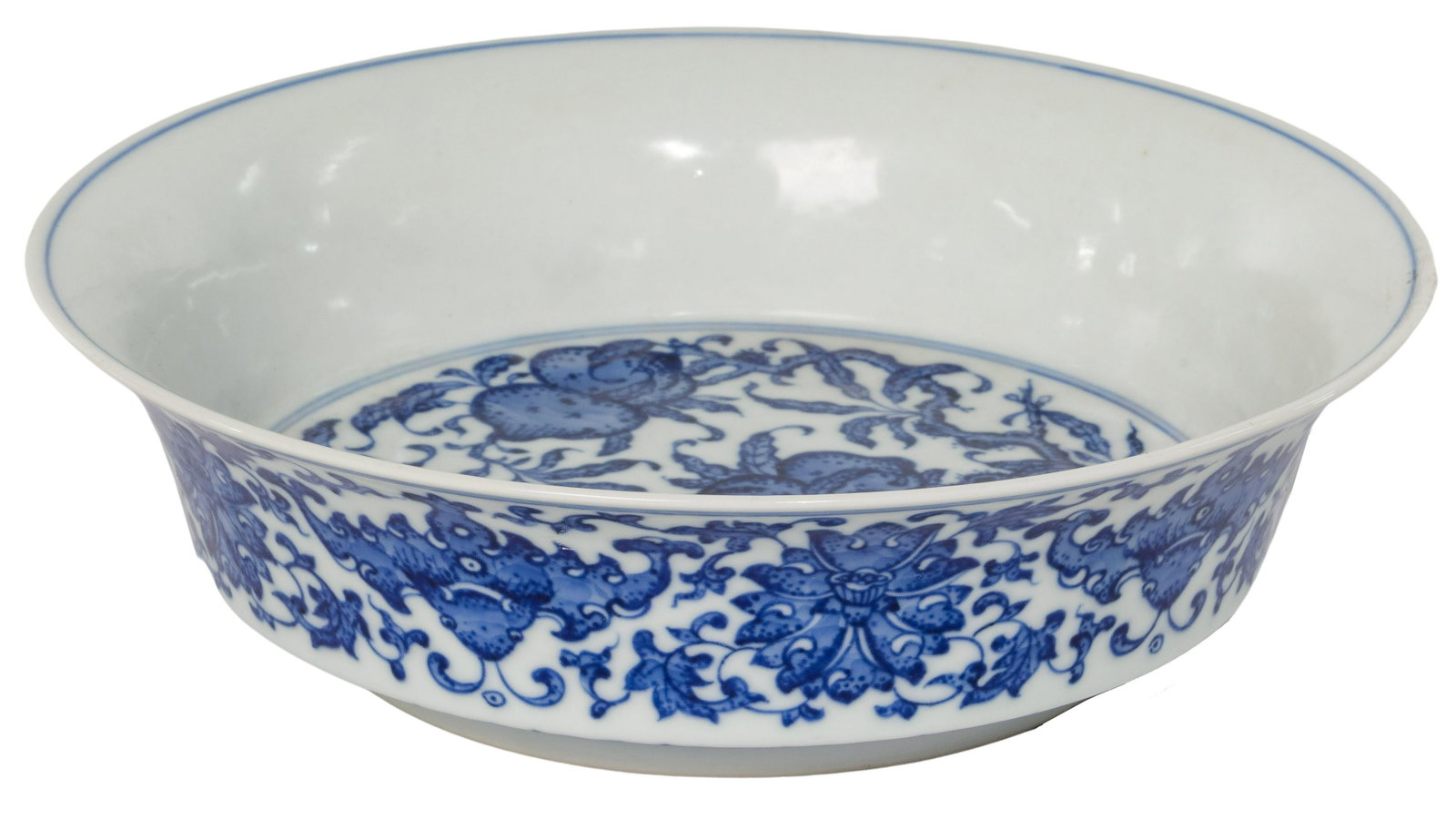 Chinese Blue and White Porcelain Pomegranate Bowl: Chinese Blue and White Porcelain Pomegranate Bowl Having underglaze blue decoration depicting pomegranates to interior and bats and flowers on the exterior and a seal script Qianlong mark to underside