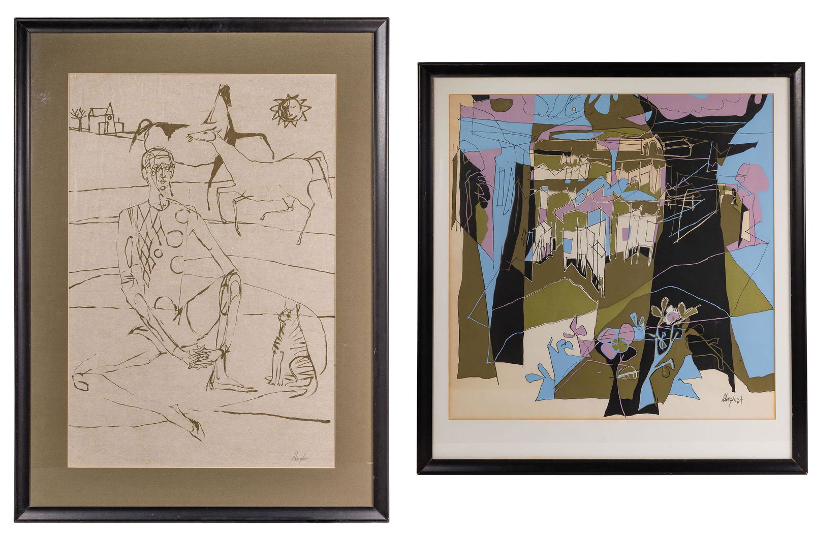 Joseph Almyda (American, 1926-2011) Serigraphs: Joseph Almyda (American, 1926-2011) Serigraphs (2) items including an undated, pencil signed lower right, on homemade fibrous paper depicting a figure, cat and horses, black frame; and 1964, printed s
