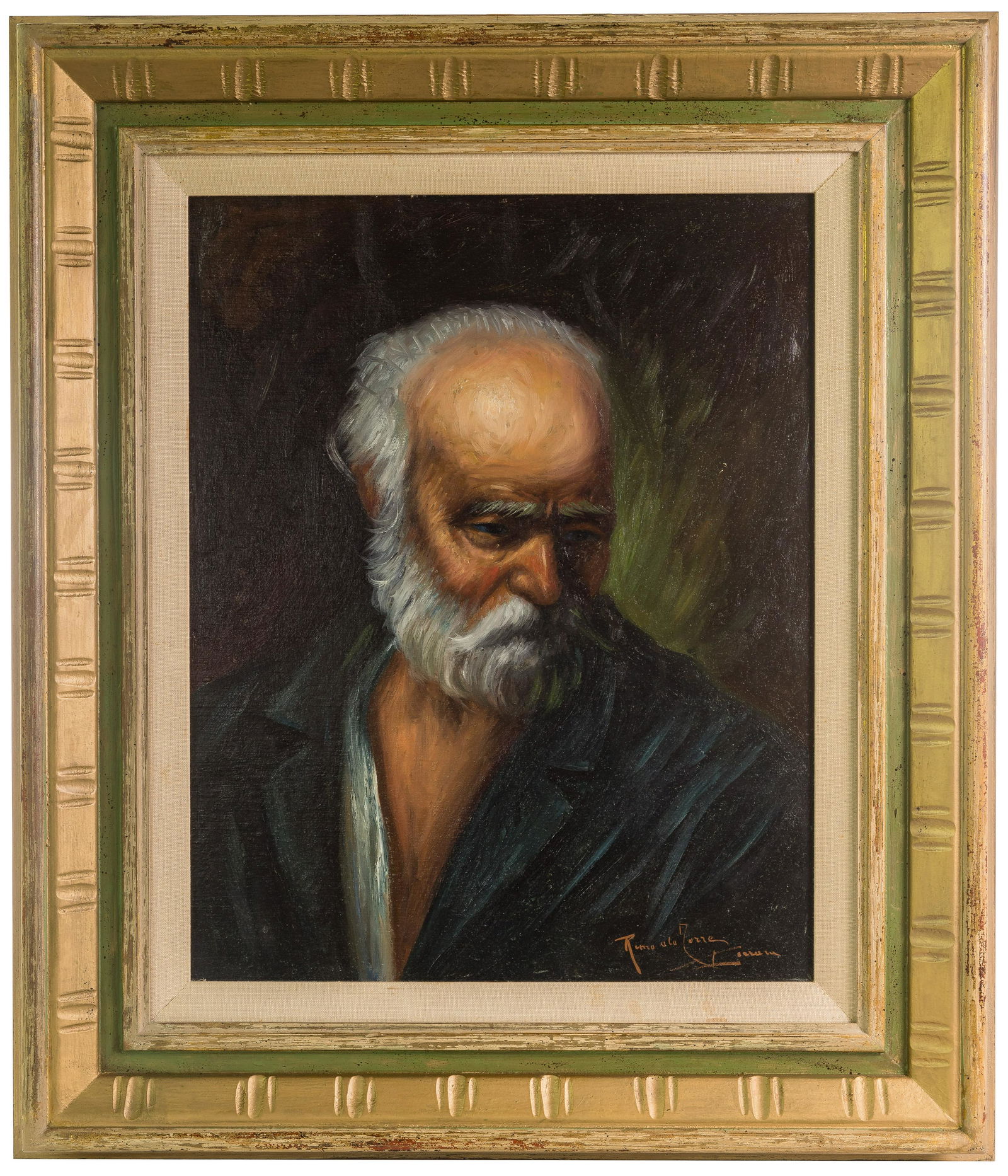 Romel De La Torre (Filipino / American, b.1963) Oil on Canvas: Romel De La Torre (Filipino / American, b.1963) Oil on Canvas Undated, signed lower right, depicting a robed elder, in a linen-lined gold-toned wood frame Property from: a Skokie, Illinois collector H