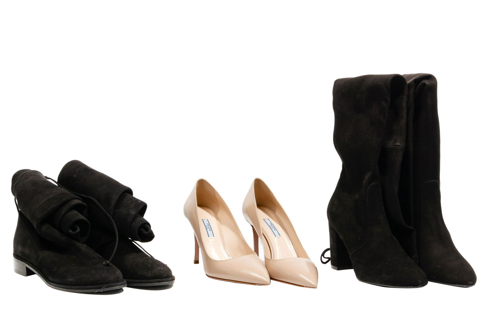 Prada Shoes and Stuart Weitzman Boots: Prada Shoes and Stuart Weitzman Boots (3) items including Prada Calzature Donna heels in cipria, European size 40, US size 9, made in Italy; and by Stuart Weitzman Lowland over-the-knee black suede bo