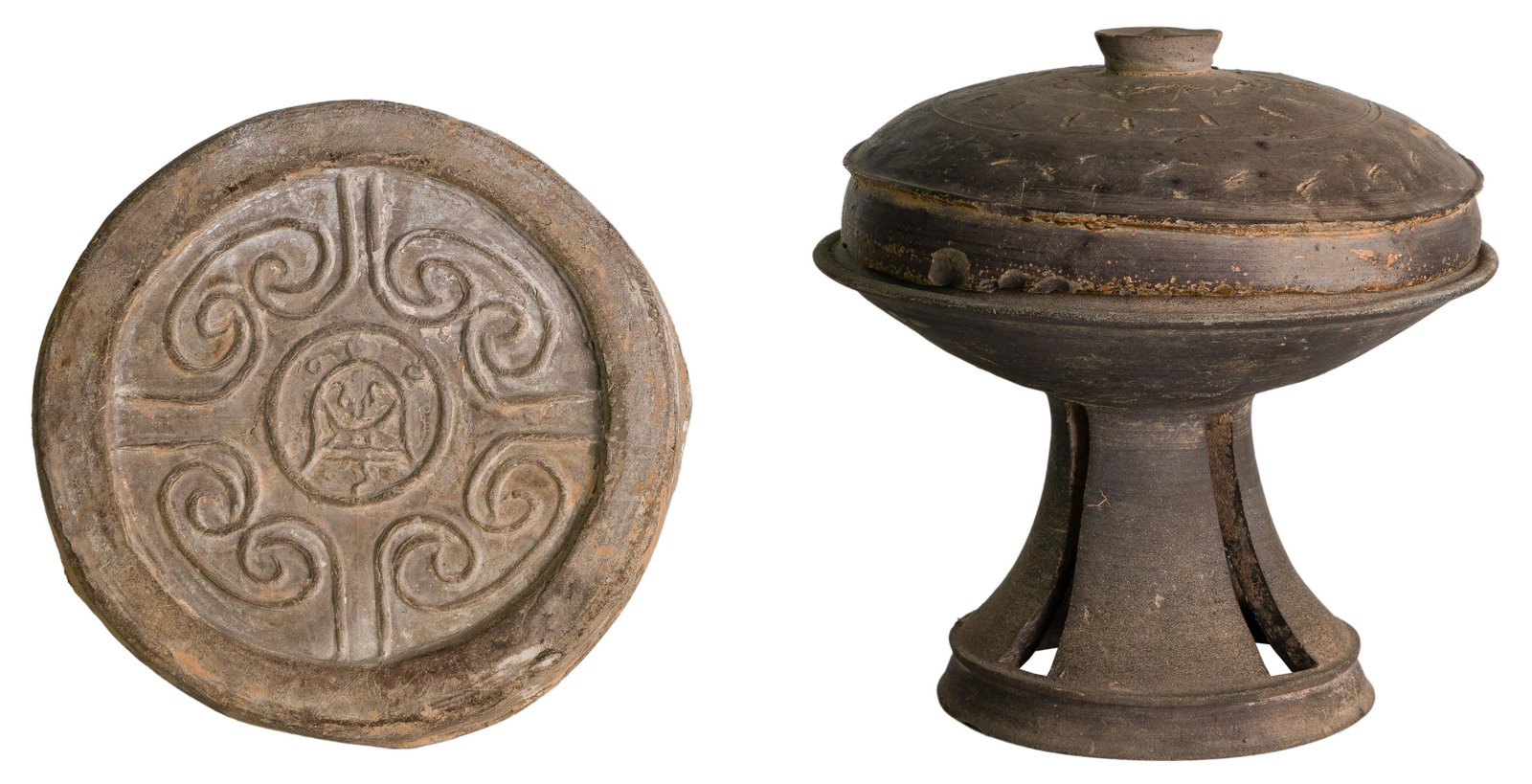 Korean Stoneware Tazza and Roof Tile: Korean Stoneware Tazza and Roof Tile Stoneware pedestal bowl having decorated lid and a round clay roof tile having top decorated in relief Provenance: The Estate of George 'Yorgo' Demetrakopoulos; pr