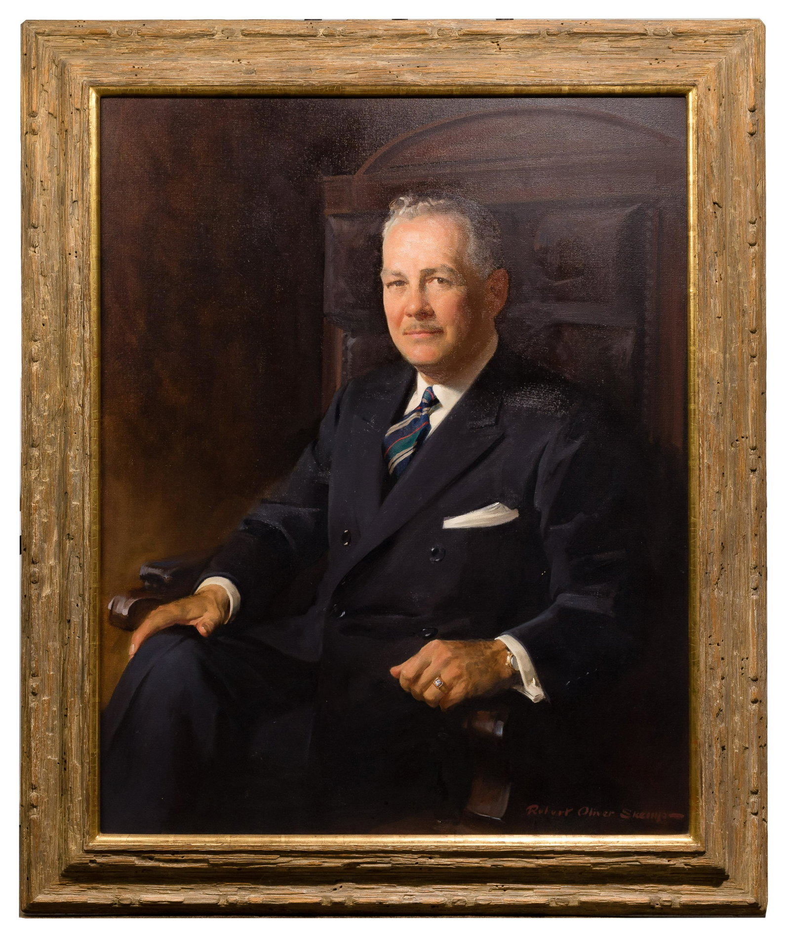 Robert Oliver Skemp (American, 1910-1984) Oil on Canvas: Robert Oliver Skemp (American, 1910-1984) Oil on Canvas Undated, signed lower right, portrait depicting a finely dressed man, in a distressed wood frame Property from: Private Collector, Wilmette, IL 